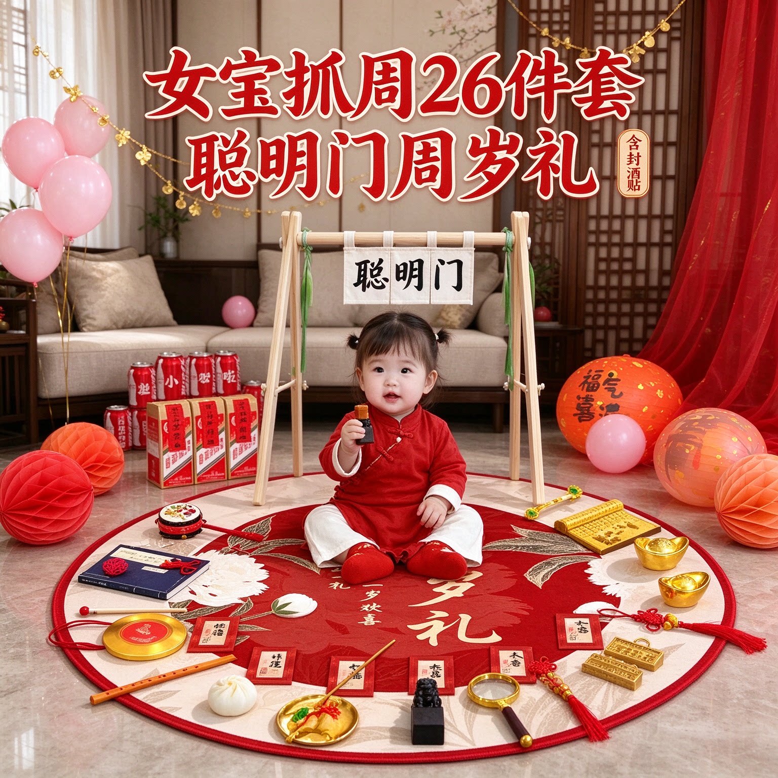 婴儿抓周道具女宝26件套聪明门送封酒贴周岁礼布置装饰用品大全