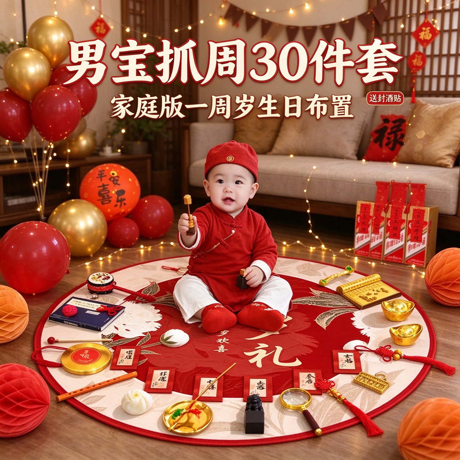 抓周道具套装男宝30件套家庭版送封酒贴一周岁生日布置仪式用品