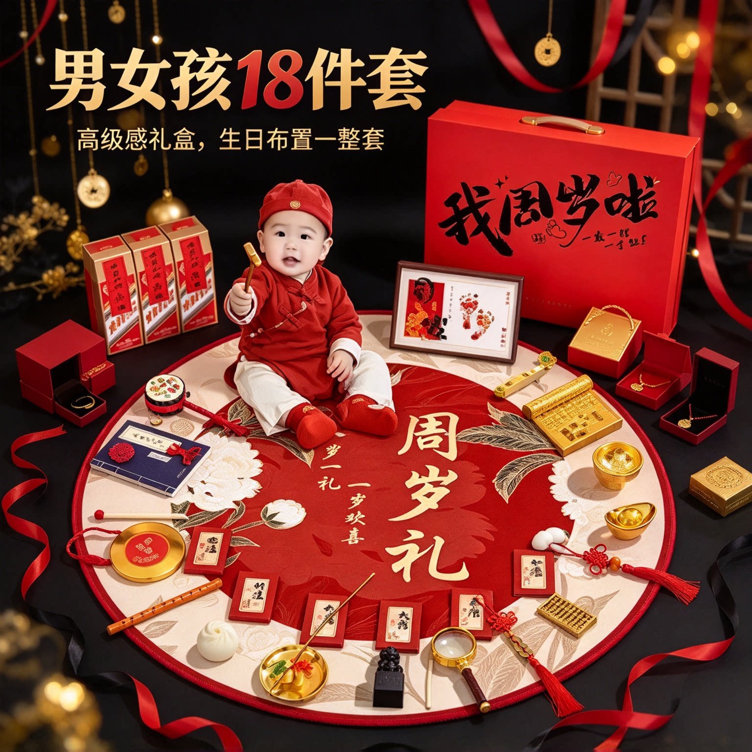 一周岁抓周用品道具套装男女孩18件套高级感礼盒生日布置一整套
