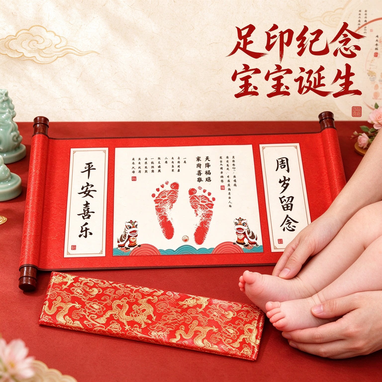 足印纪念宝宝诞生平安喜乐纪念字画心心念念萌趣可爱弥月之喜仪式
