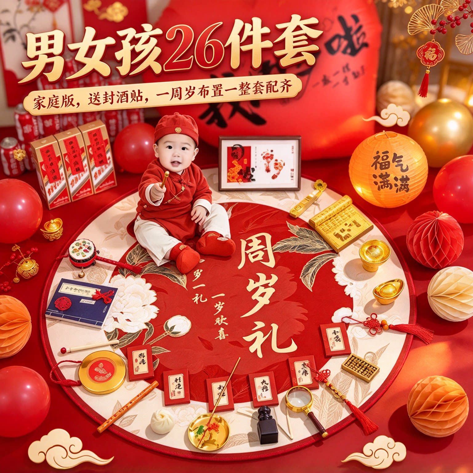 婴儿抓周用品套装男女孩26件套家庭版送封酒贴一周岁布置一整套