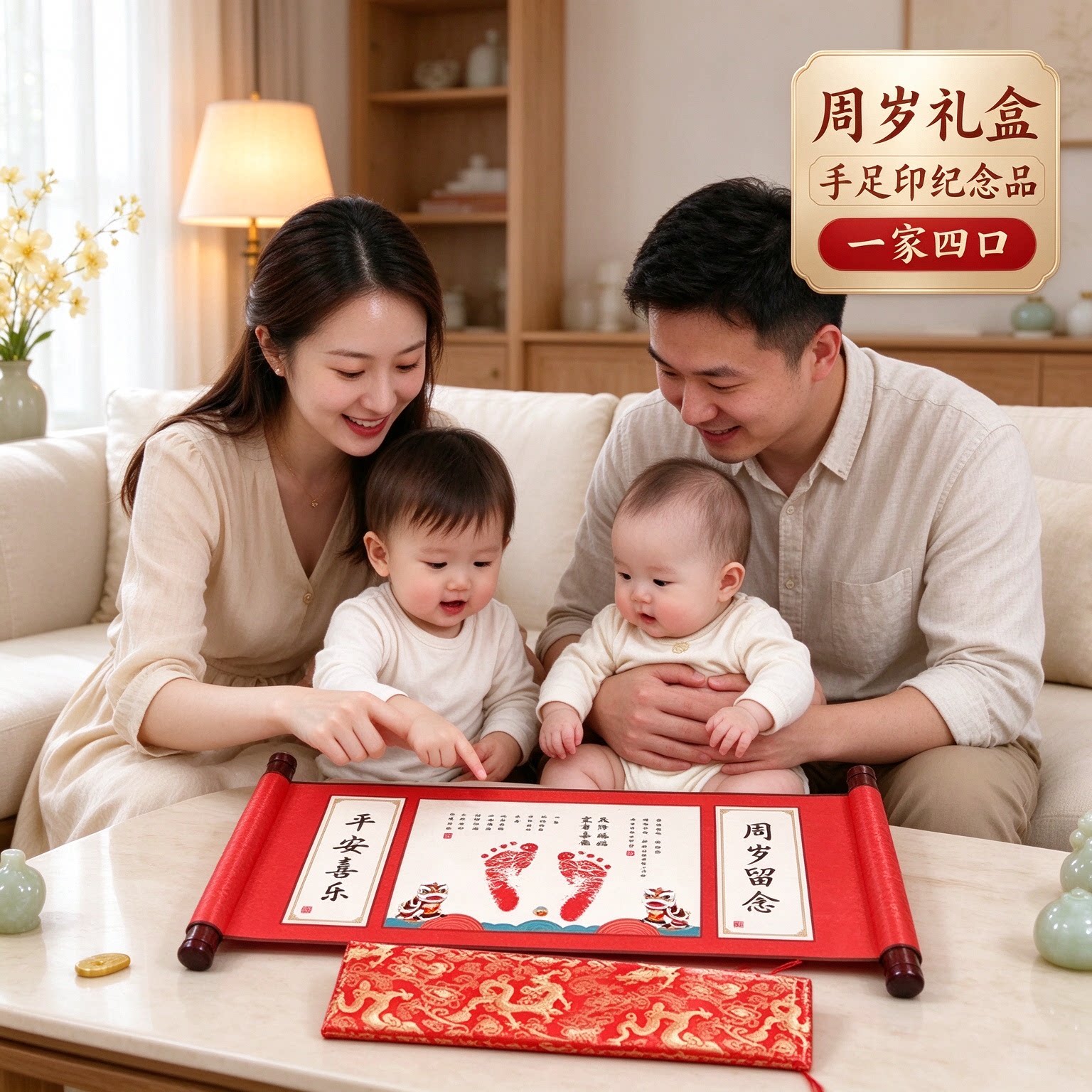 周岁礼盒手足印纪念品一家四口喜乐安康温馨留念团团圆圆心心念念