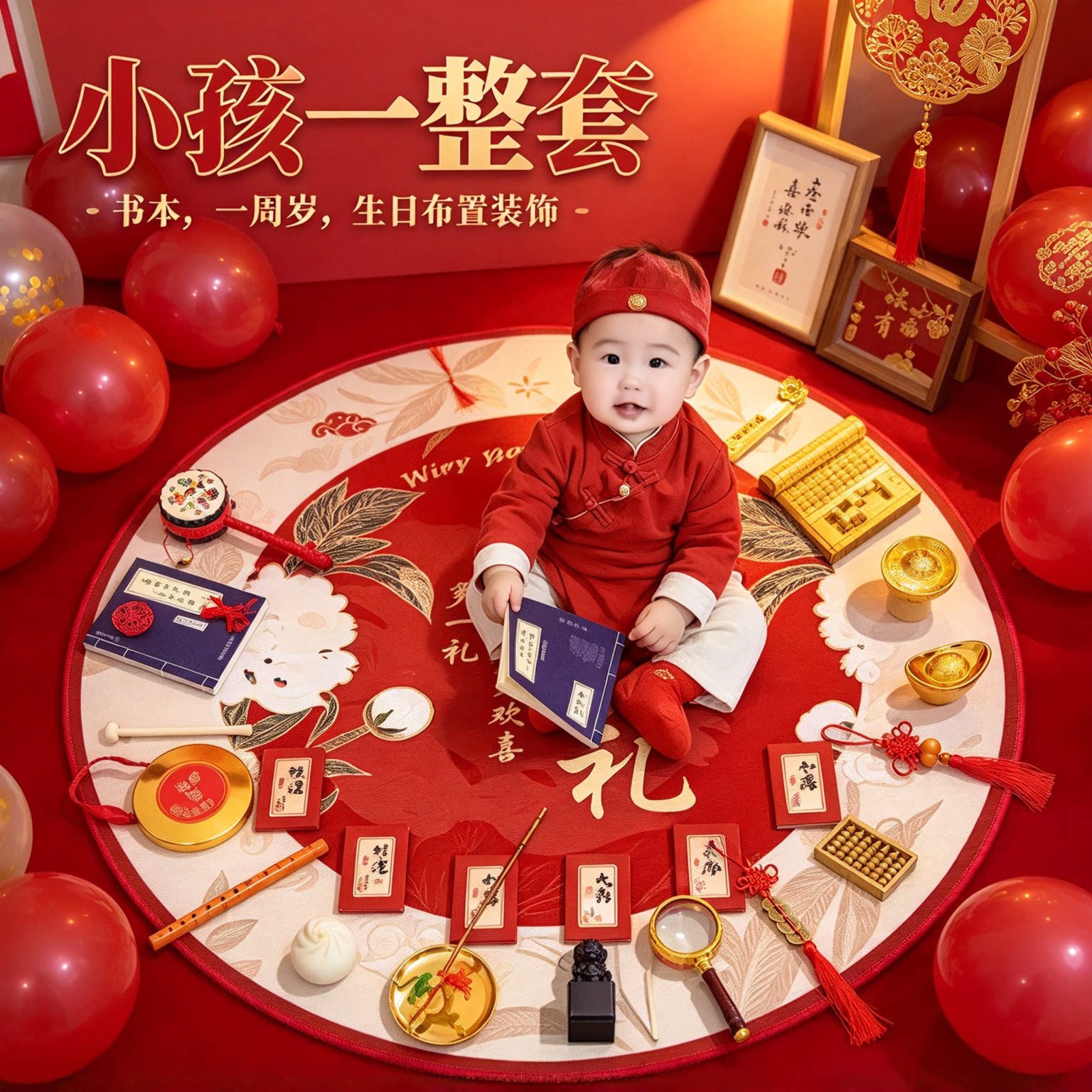 抓周道具摆件一周岁小孩一整套氛围感书本生日布置装饰用品大全