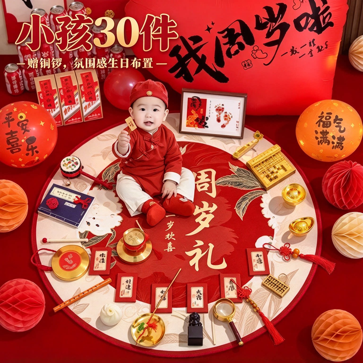周岁礼抓周道具全套小孩30件氛围感赠铜锣生日布置装饰用品大全
