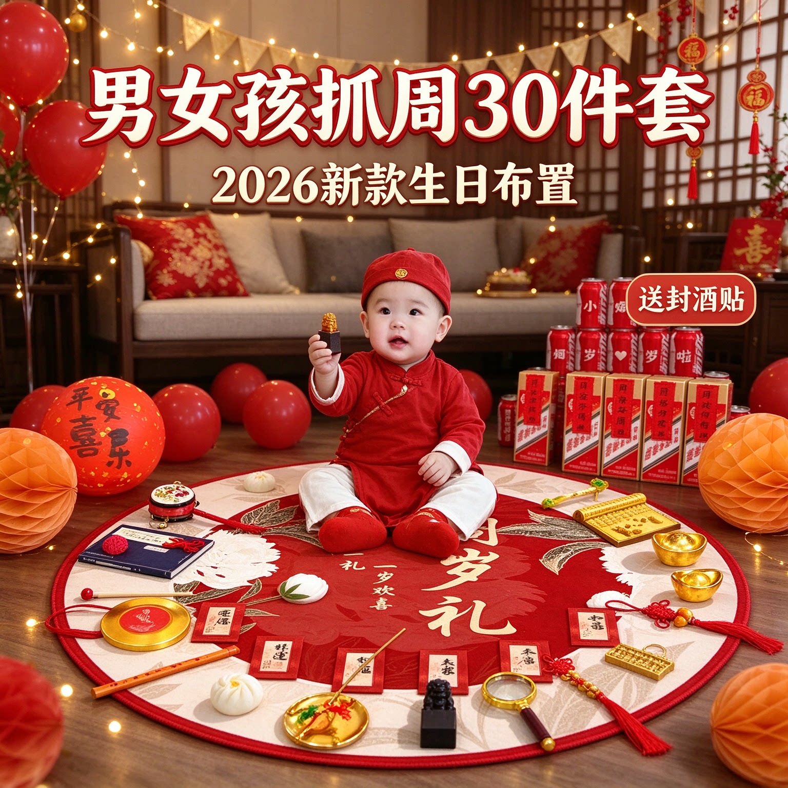 抓周道具套装男女孩30件套2026新款送封酒贴生日布置装饰用品大全
