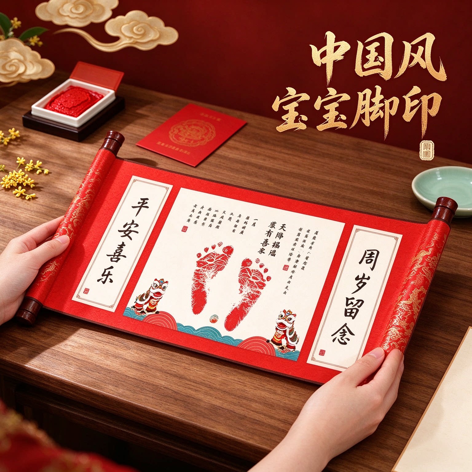 小脚丫中国风宝宝脚印诞生成长纪念品知足常乐童趣满满平安喜乐