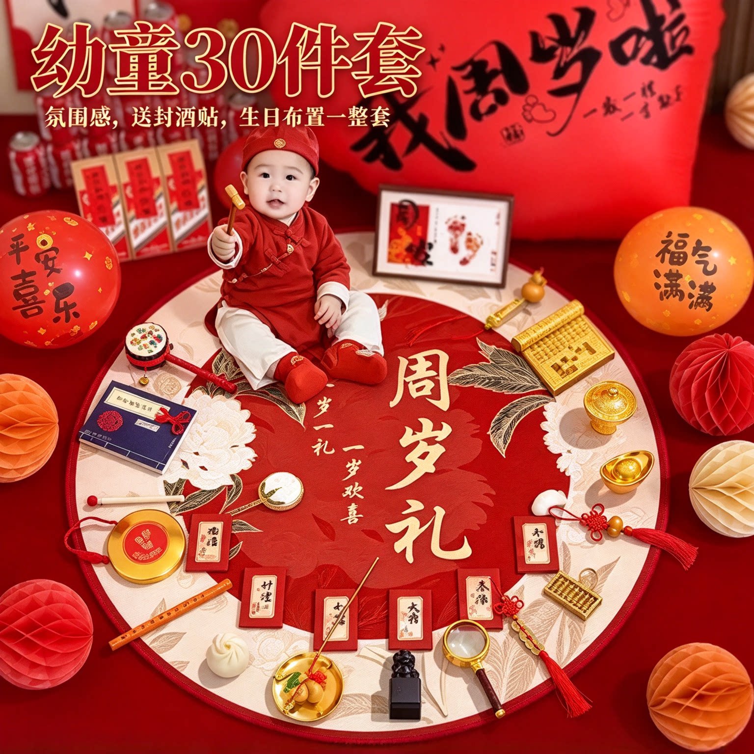 一周岁抓周用品道具套装幼童30件套氛围感送封酒贴生日布置一整套
