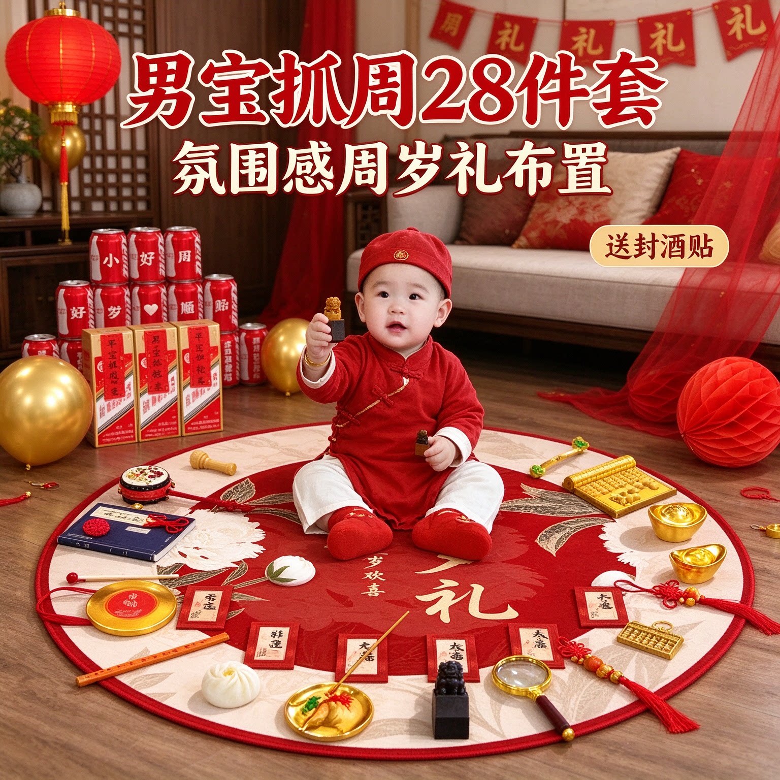 婴儿抓周道具男宝28件套氛围感送封酒贴周岁礼布置装饰用品大全