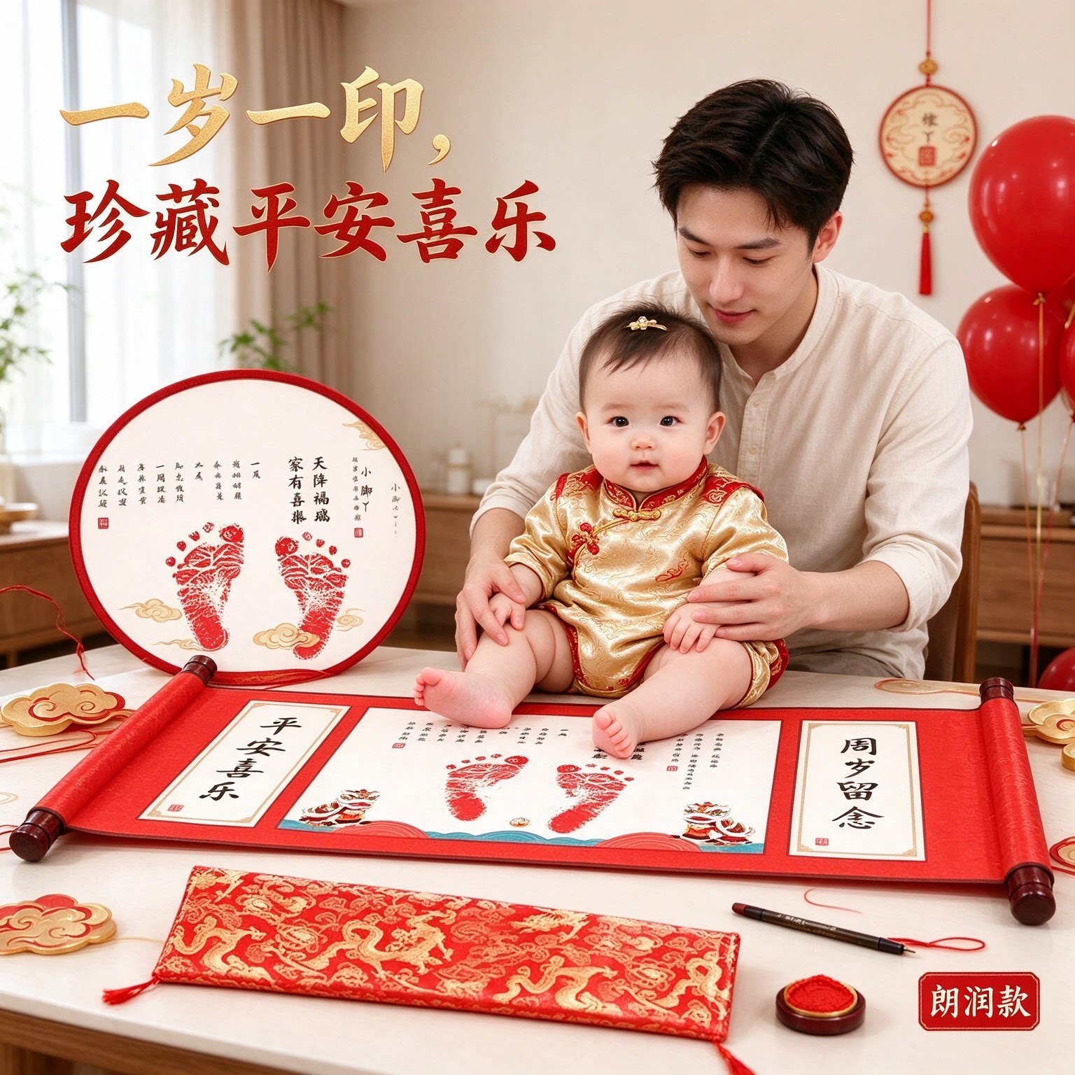 平安喜乐一周岁婴儿脚印手印小脚丫锦袋装周岁宴纪念卷轴画加长款