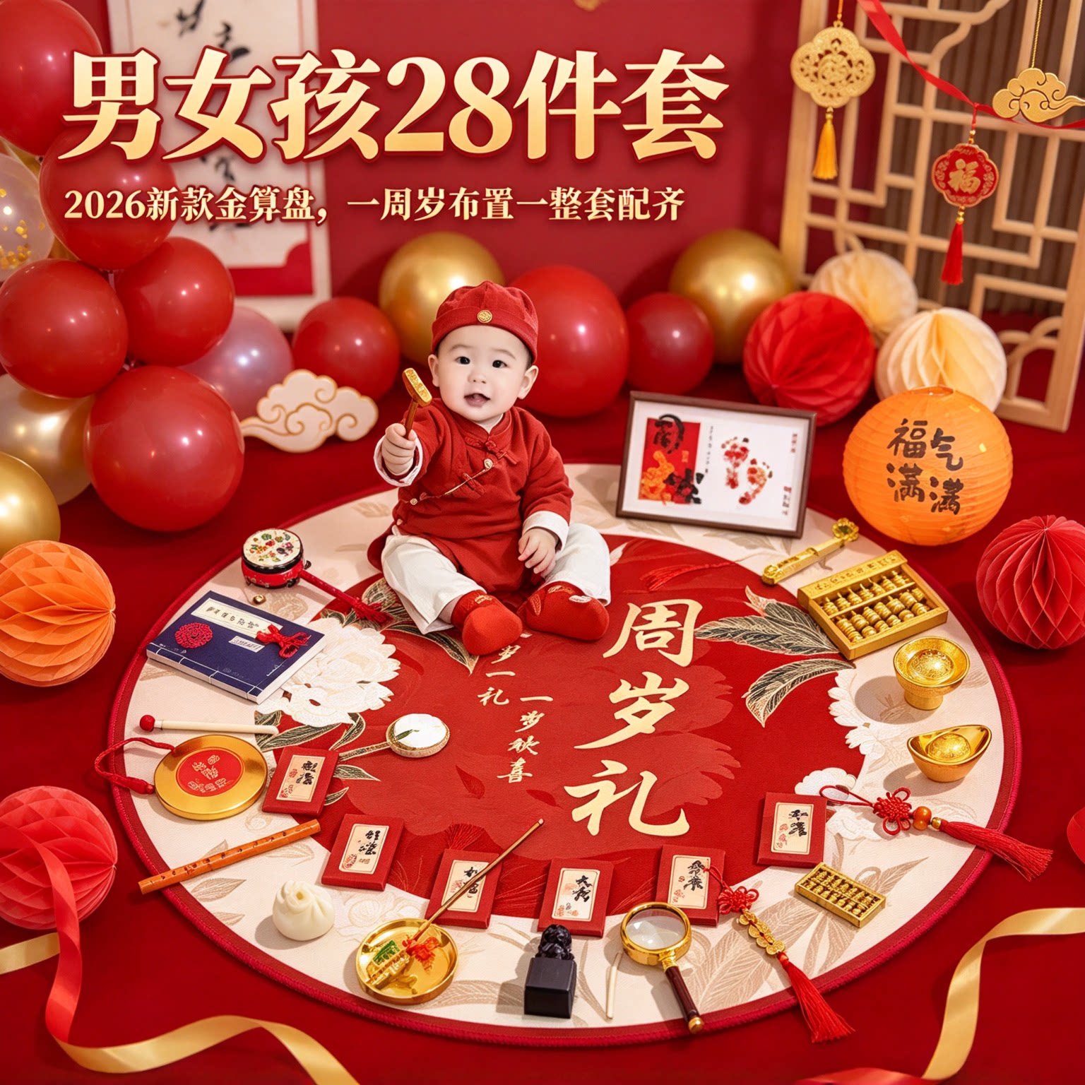 婴儿抓周用品套装男女孩28件套2026新款金算盘一周岁布置一整套