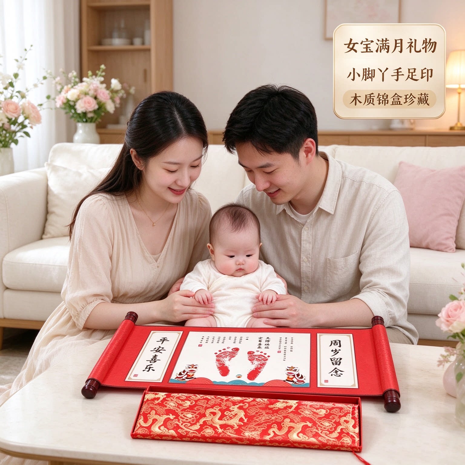 女宝满月礼物小脚丫宝宝手足印木质锦盒纪念卷轴画喜气盈门珍藏款
