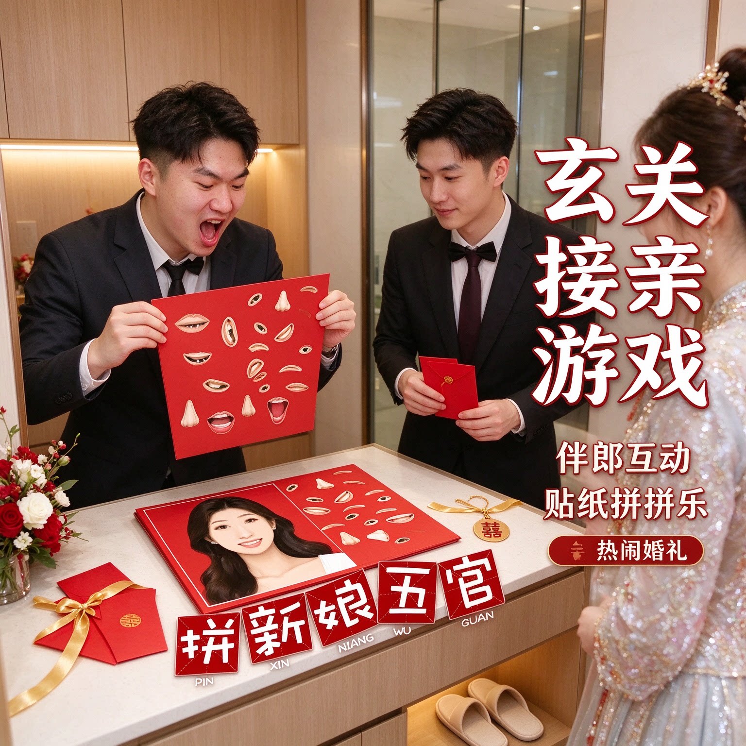 定制婚礼小游戏道具婚礼游戏接亲道具新人伴郎接亲热闹五官贴纸