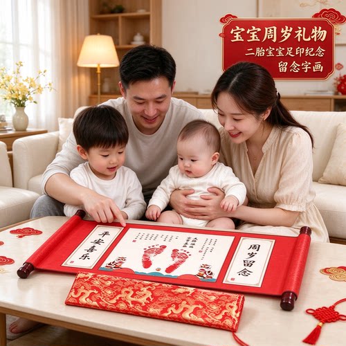 宝宝周岁礼物二胎宝宝足印纪念留念字画喜乐安康添丁之喜岁岁平安
