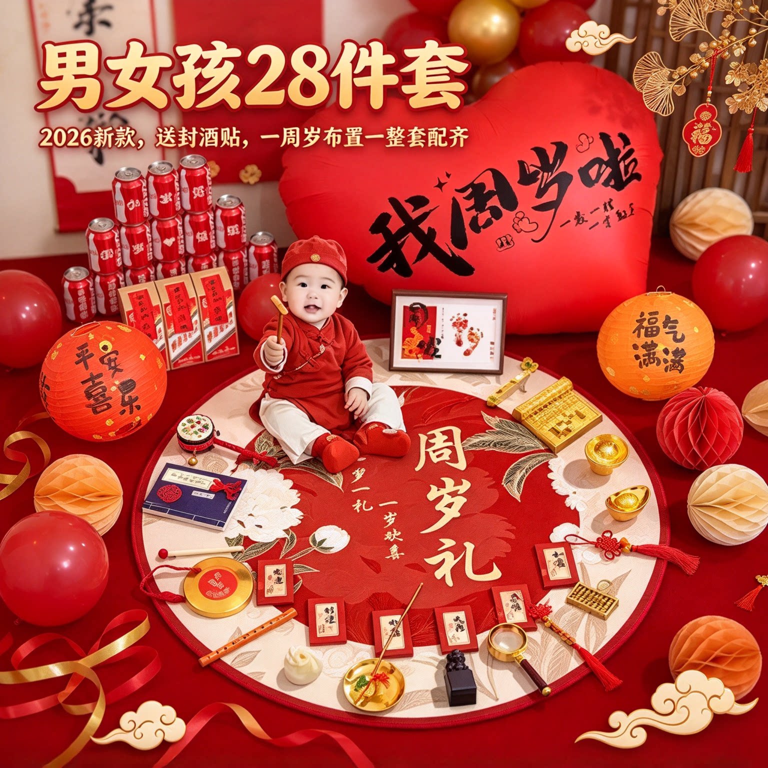 婴儿抓周用品全套男女孩28件套2026新款送封酒贴一周岁布置一整套