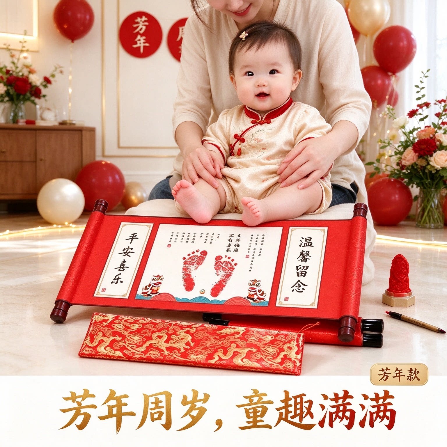 周岁宝宝脚印抓周仪式纪念品吉庆有余童趣满满温馨留念聪明伶俐