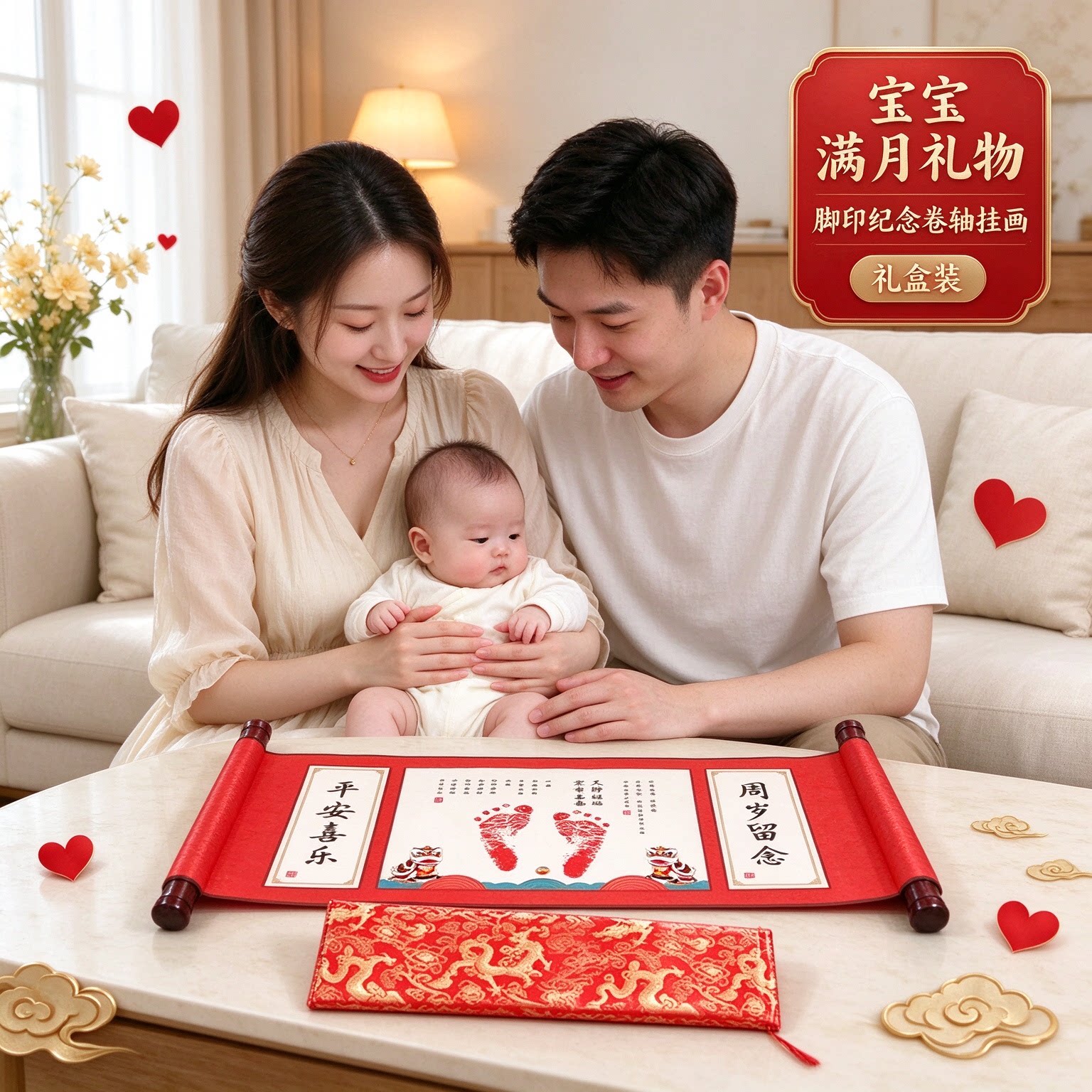 宝宝满月礼物脚印纪念卷轴挂画礼盒装时光留念喜乐安康心心念念
