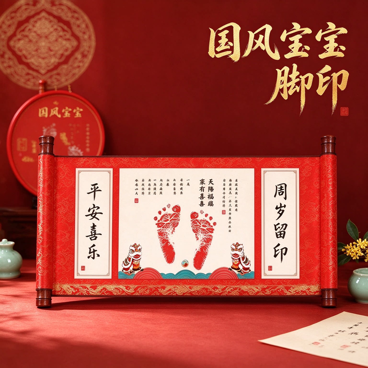 国风宝宝脚印小脚丫一岁一礼婴儿纪念品时光留念年年如意团团圆圆