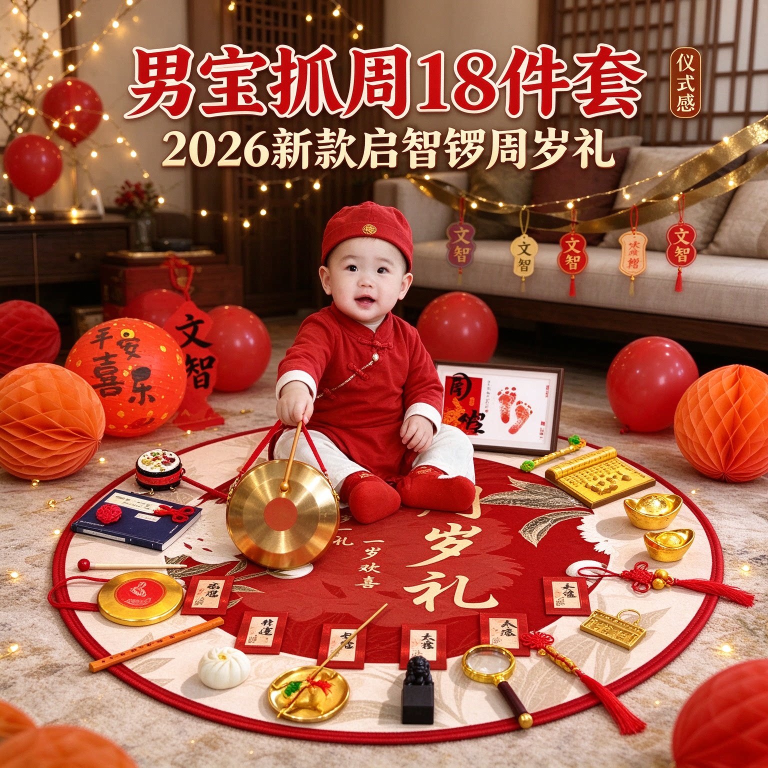 婴儿抓周道具男宝18件套2026新款启智锣周岁礼布置装饰用品大全