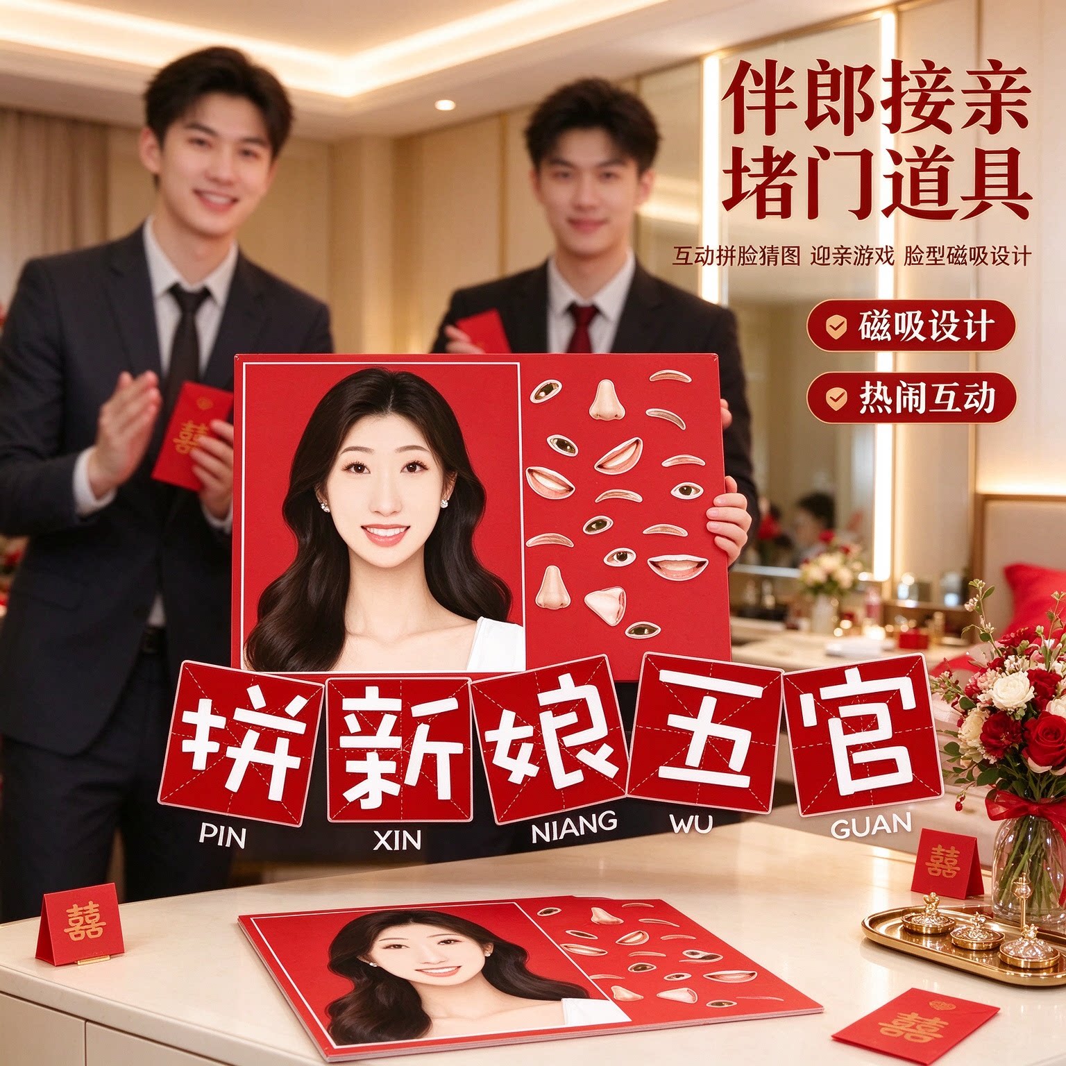 互动拼脸猜图堵门小游戏道具迎亲堵门游戏伴郎接亲脸型磁吸设计