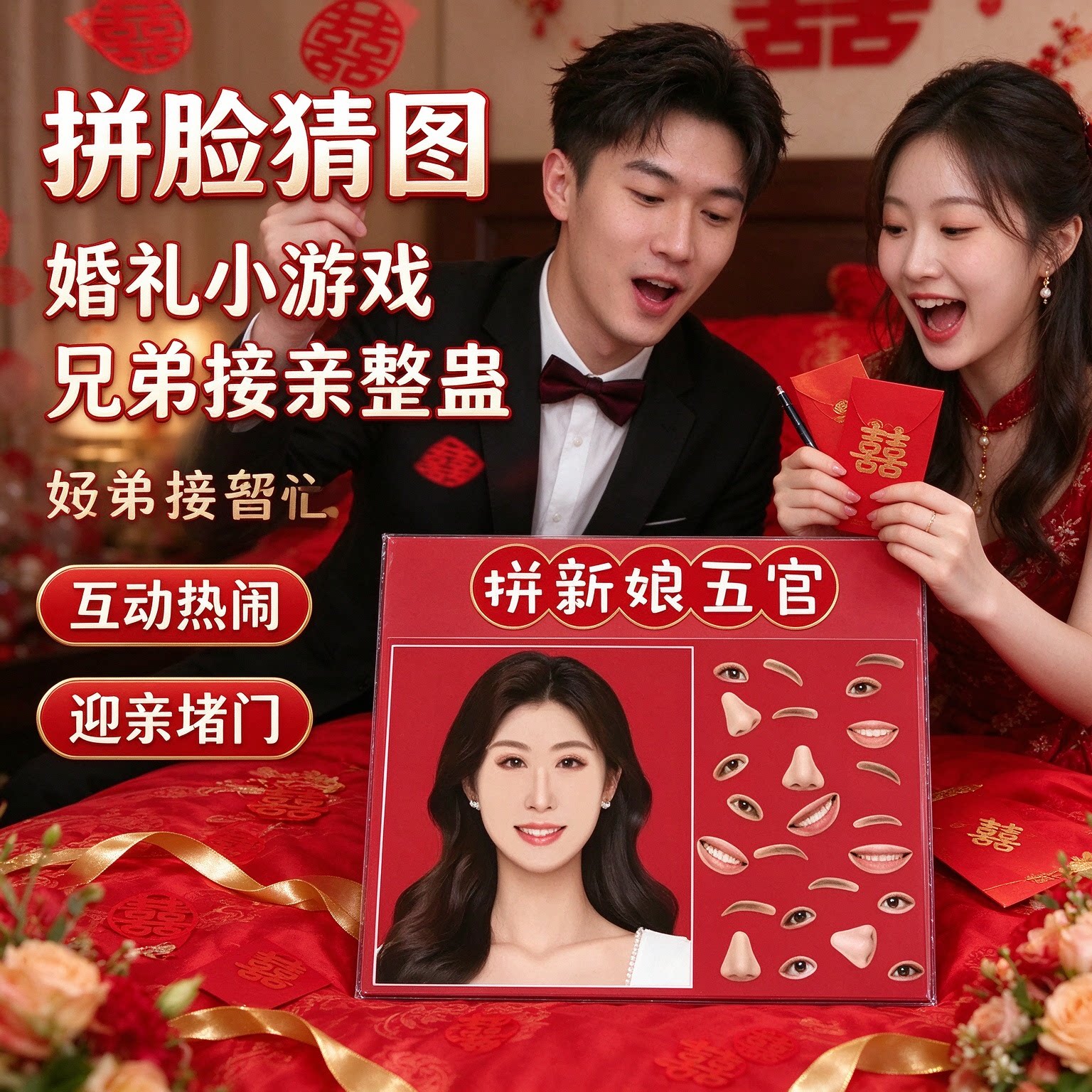 拼脸猜图婚礼小游戏道具婚庆用品兄弟接亲整蛊互动热闹款迎亲堵门