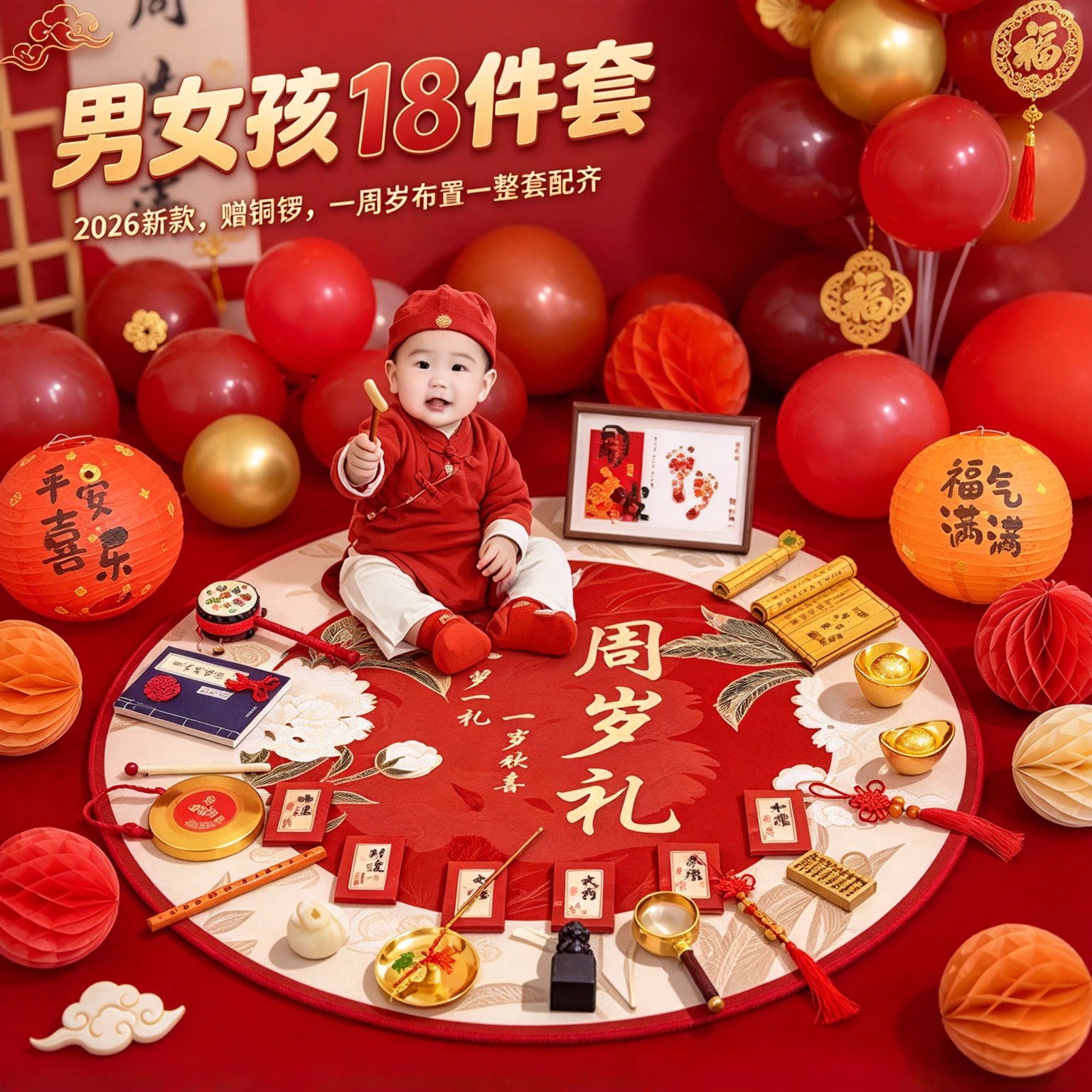 婴儿抓周用品全套男女孩18件套2026新款赠铜锣一周岁布置一整套