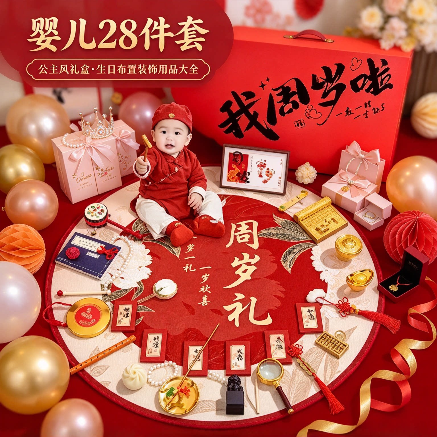 周岁礼抓周道具全套婴儿28件套公主风礼盒生日布置装饰用品大全