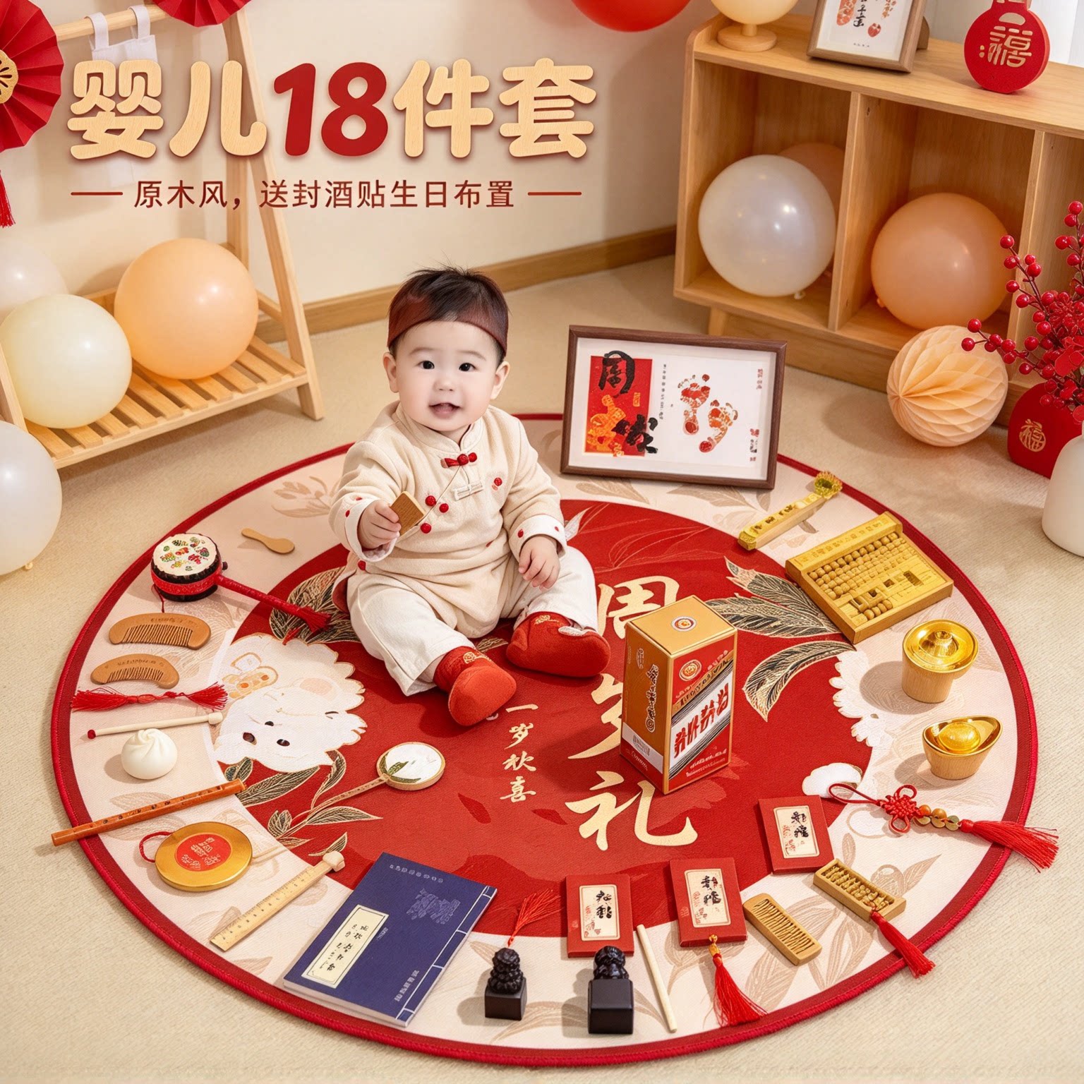 一周岁抓周用品道具套装婴儿18件套原木风送封酒贴生日布置一整套