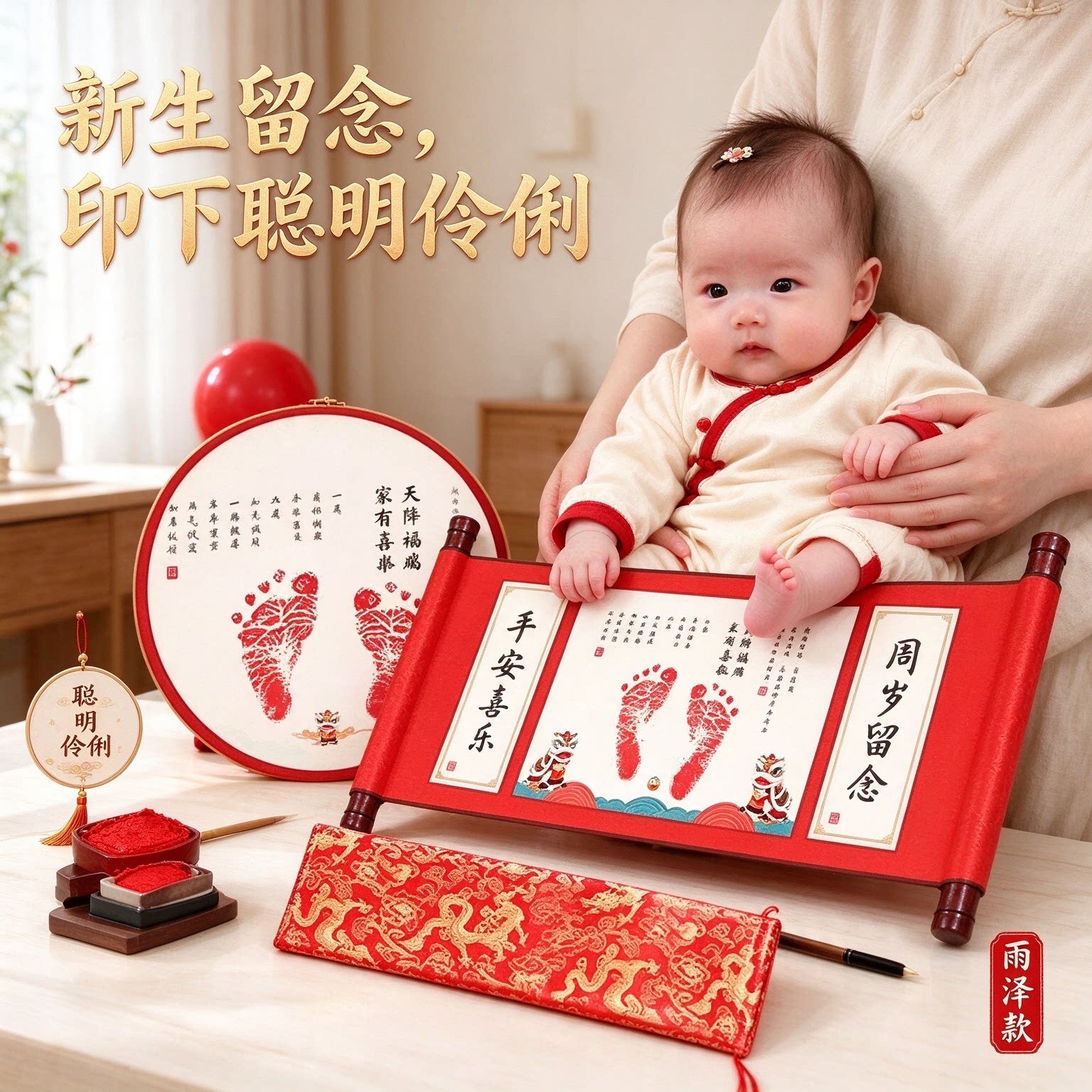 新生婴儿礼物手足印纪念品留念字画聪明伶俐满满仪式亲笔题写国风