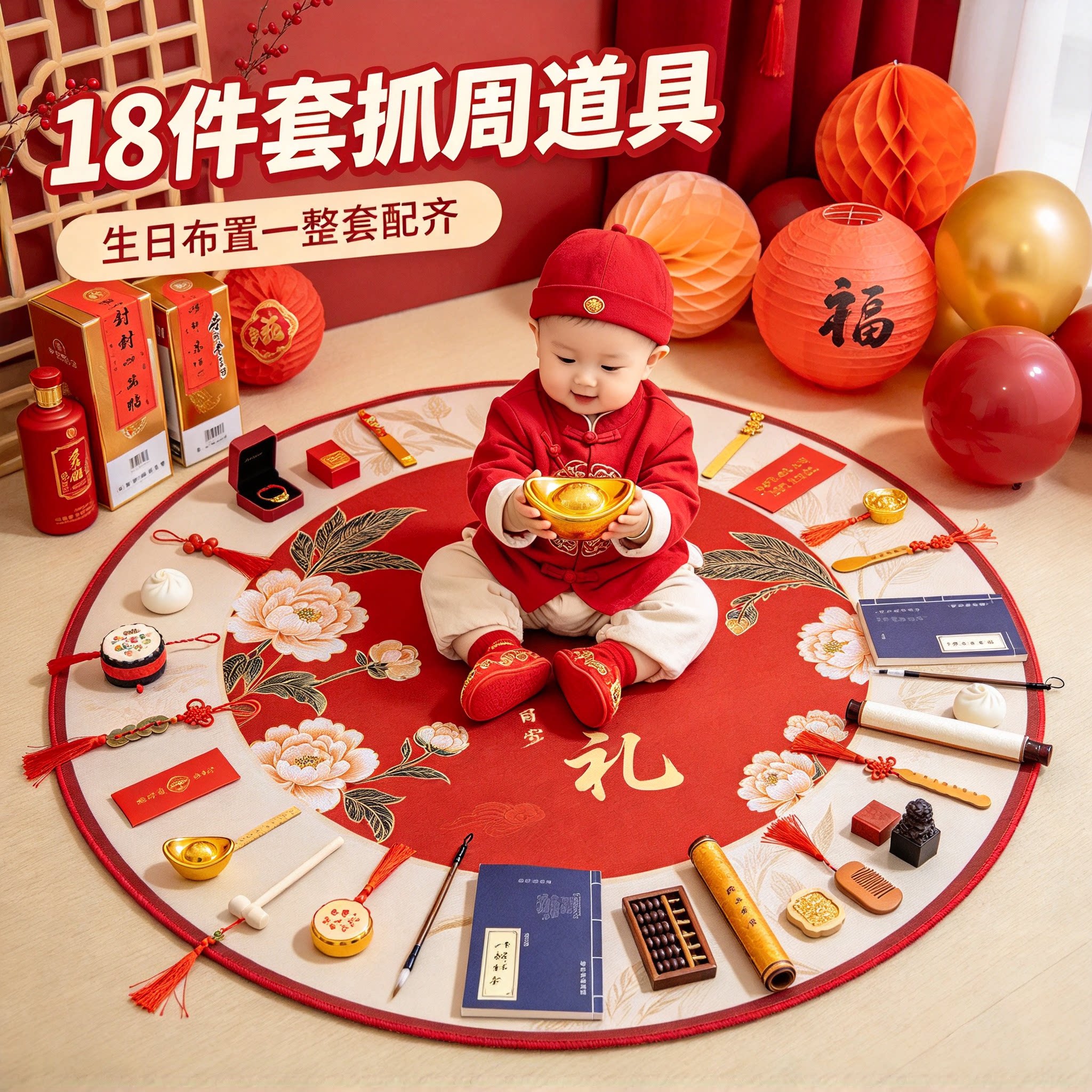 一周岁抓周用品道具小孩18件套2026新款送封酒贴生日布置一整套