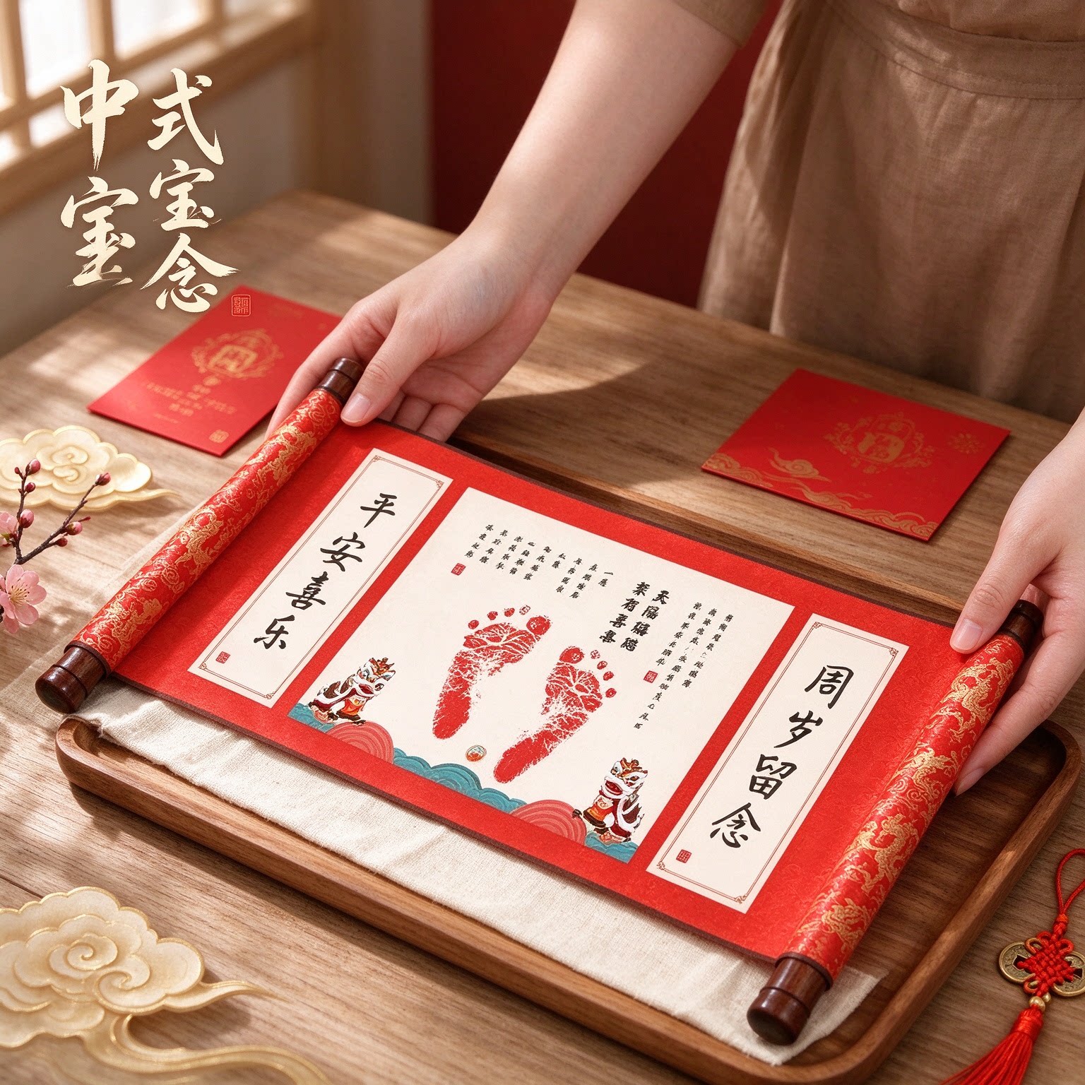 中式宝宝纪念手足印小脚丫平安喜乐纪念字画喜笑颜开时光留念喜庆