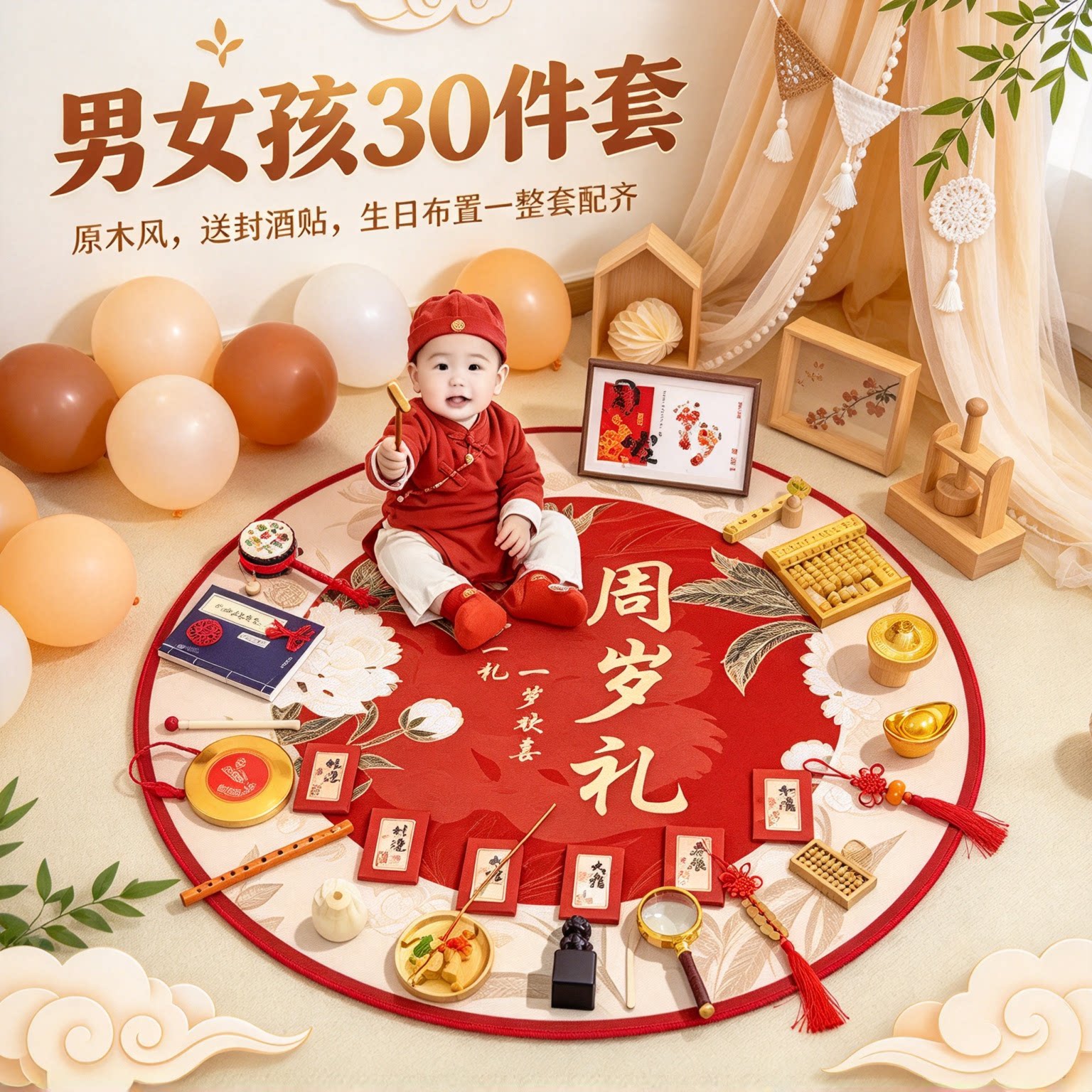 抓周用品一周岁道具男女孩30件套原木风送封酒贴生日布置一整套