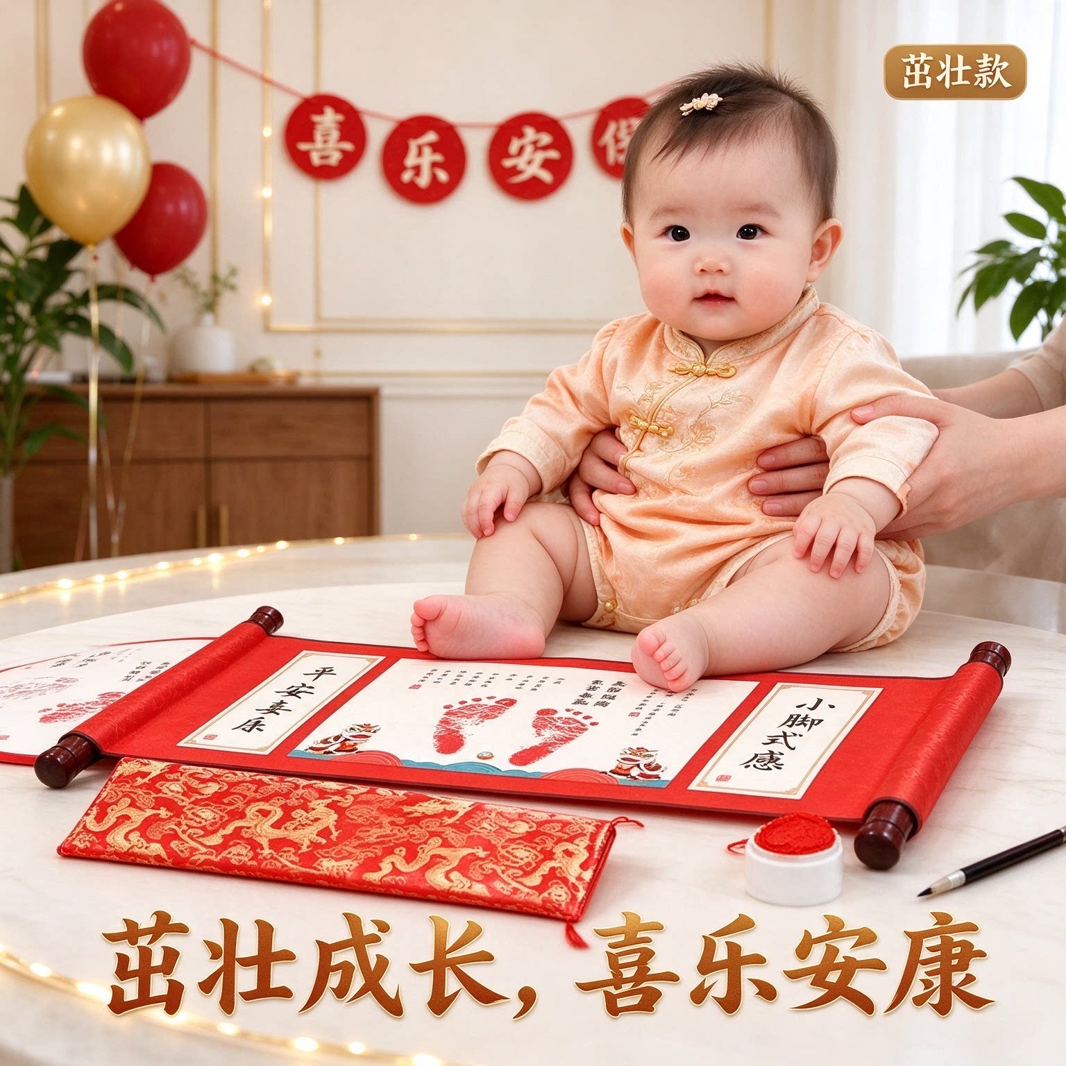 小脚丫宝宝周岁抓周仪式脚印手印纪念品知足常乐留念字画喜乐安康