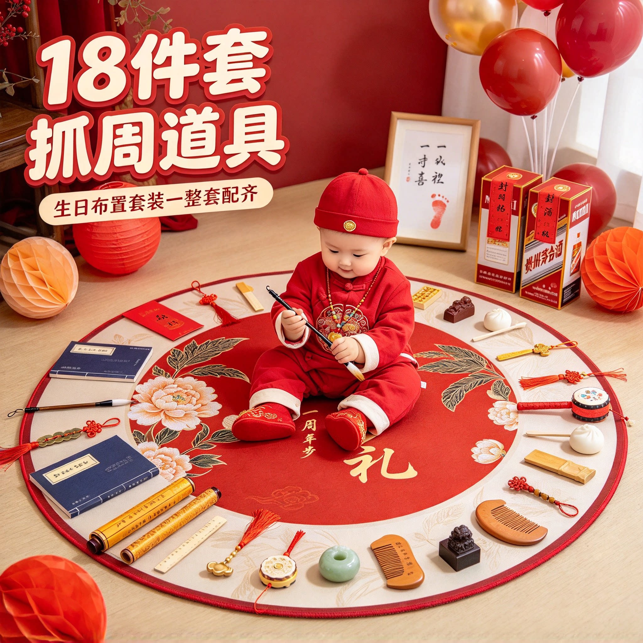 一周岁抓周用品道具男女孩18件套2026新款送封酒贴生日布置套装