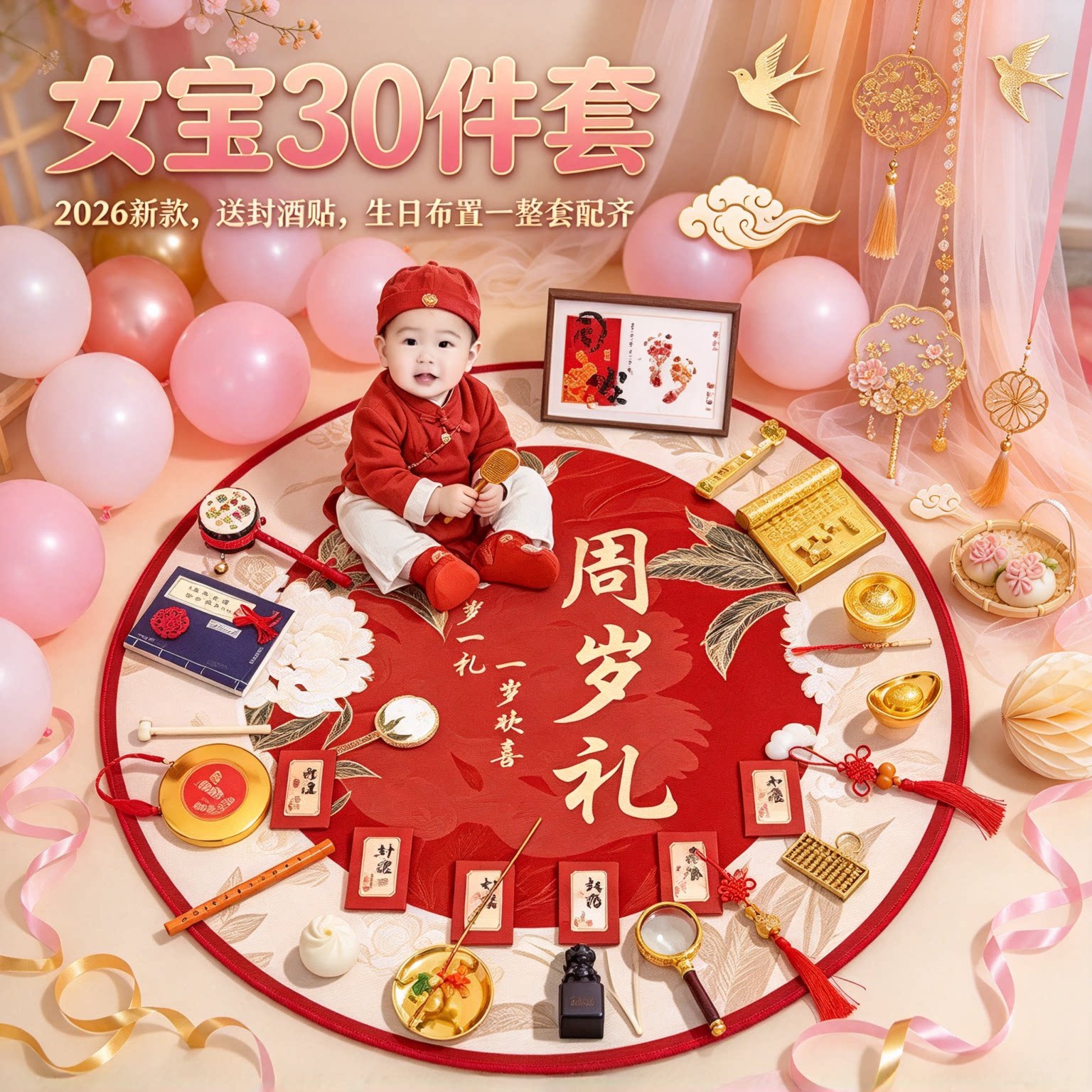 抓周用品一周岁道具女宝30件套2026新款送封酒贴生日布置一整套