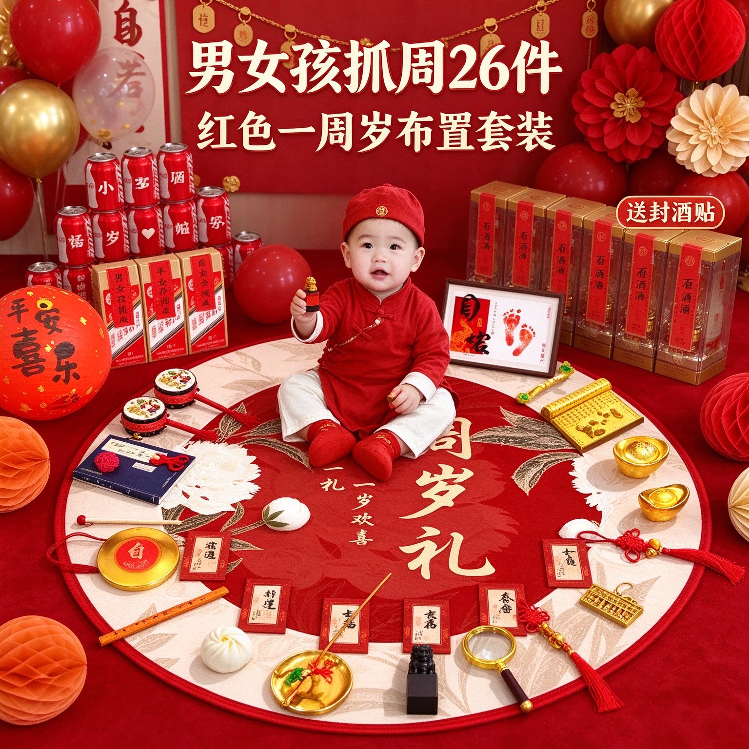 婴儿抓周道具男女孩26件套红色送封酒贴一周岁布置套装用品大全