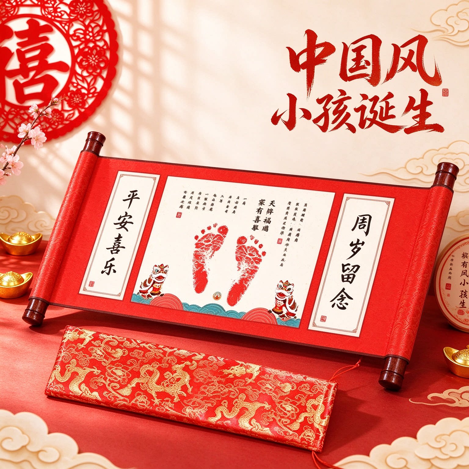 中国风小孩诞生小脚丫宝宝手足印平安喜乐留念字画心心念念珍藏款