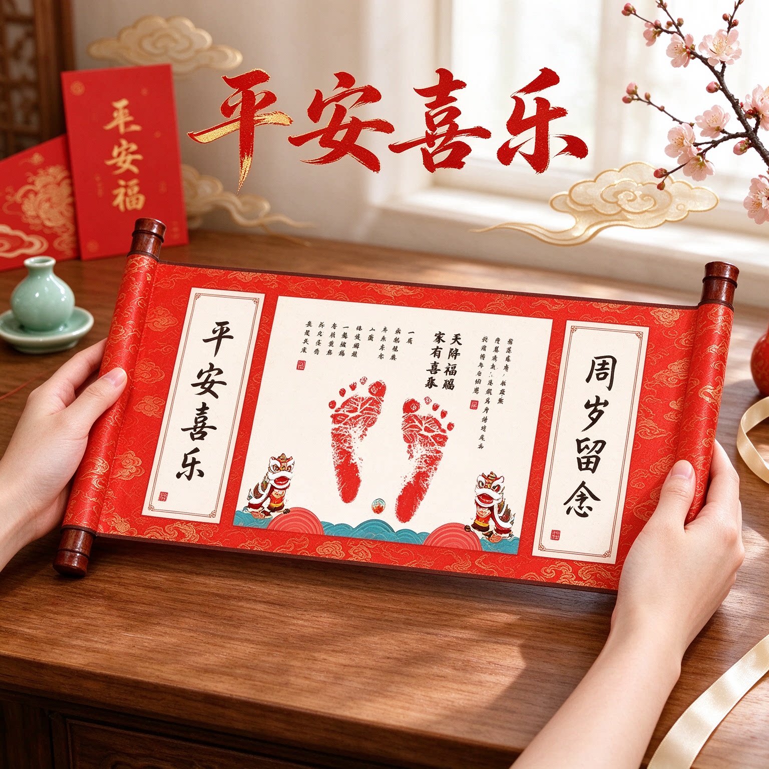 宝宝中式足印纪念平安喜乐留念礼品小手小脚茁壮成长萌趣可爱题字