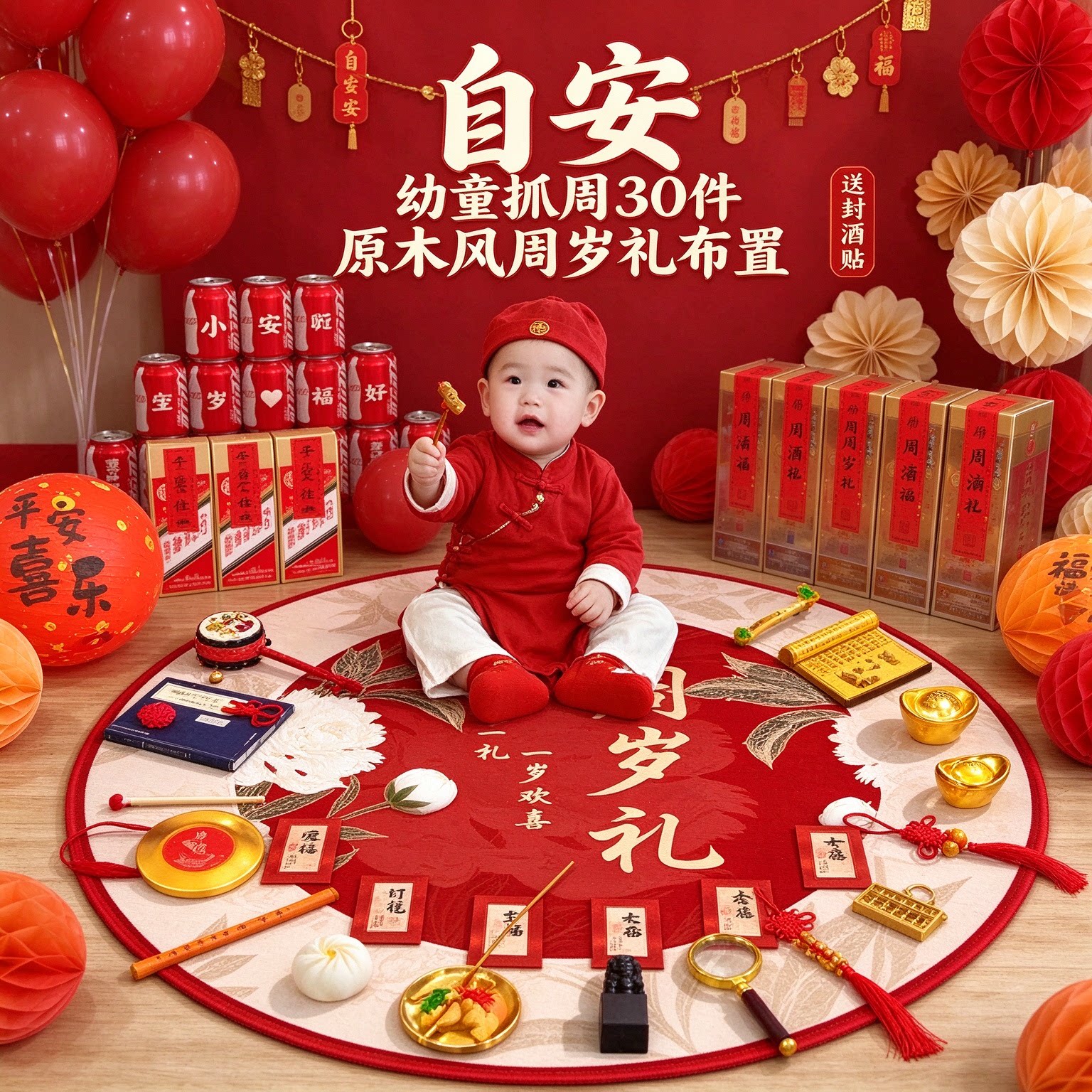 抓周道具套装幼童30件套原木风送封酒贴周岁礼布置装饰用品大全