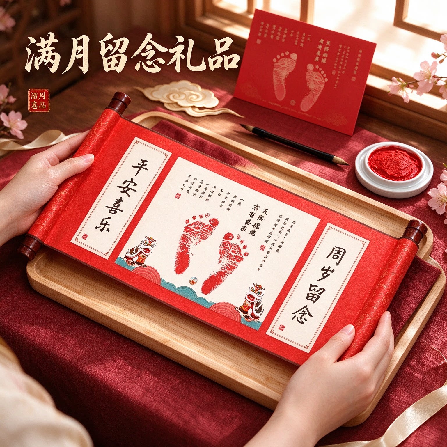 国风婴儿手足印满月留念礼品喜气盈门弥月之喜吉祥如意平安喜乐
