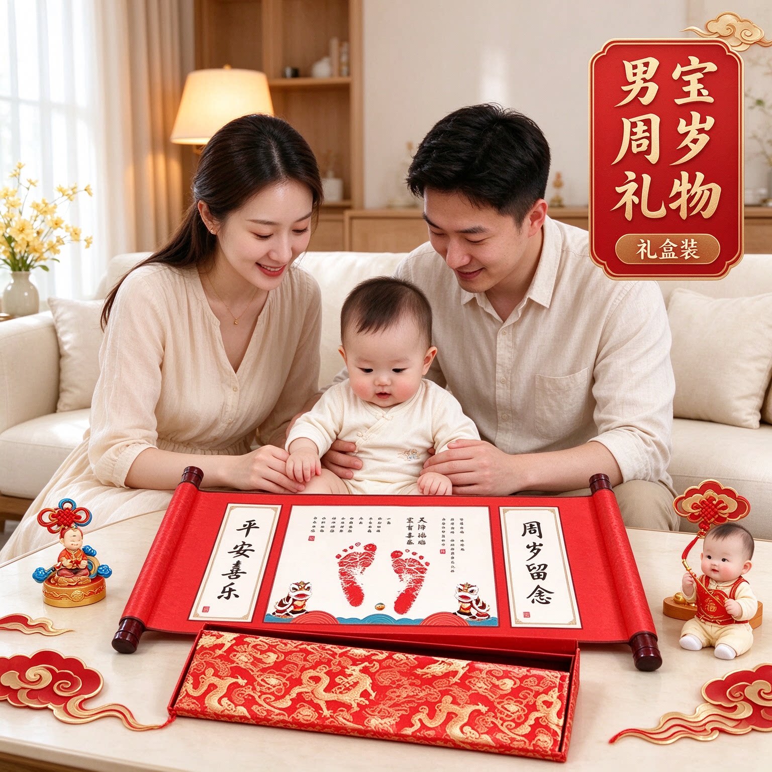 男宝周岁礼物手足印画纪念品礼盒装萌趣可爱喜气洋洋亲笔题写暖心