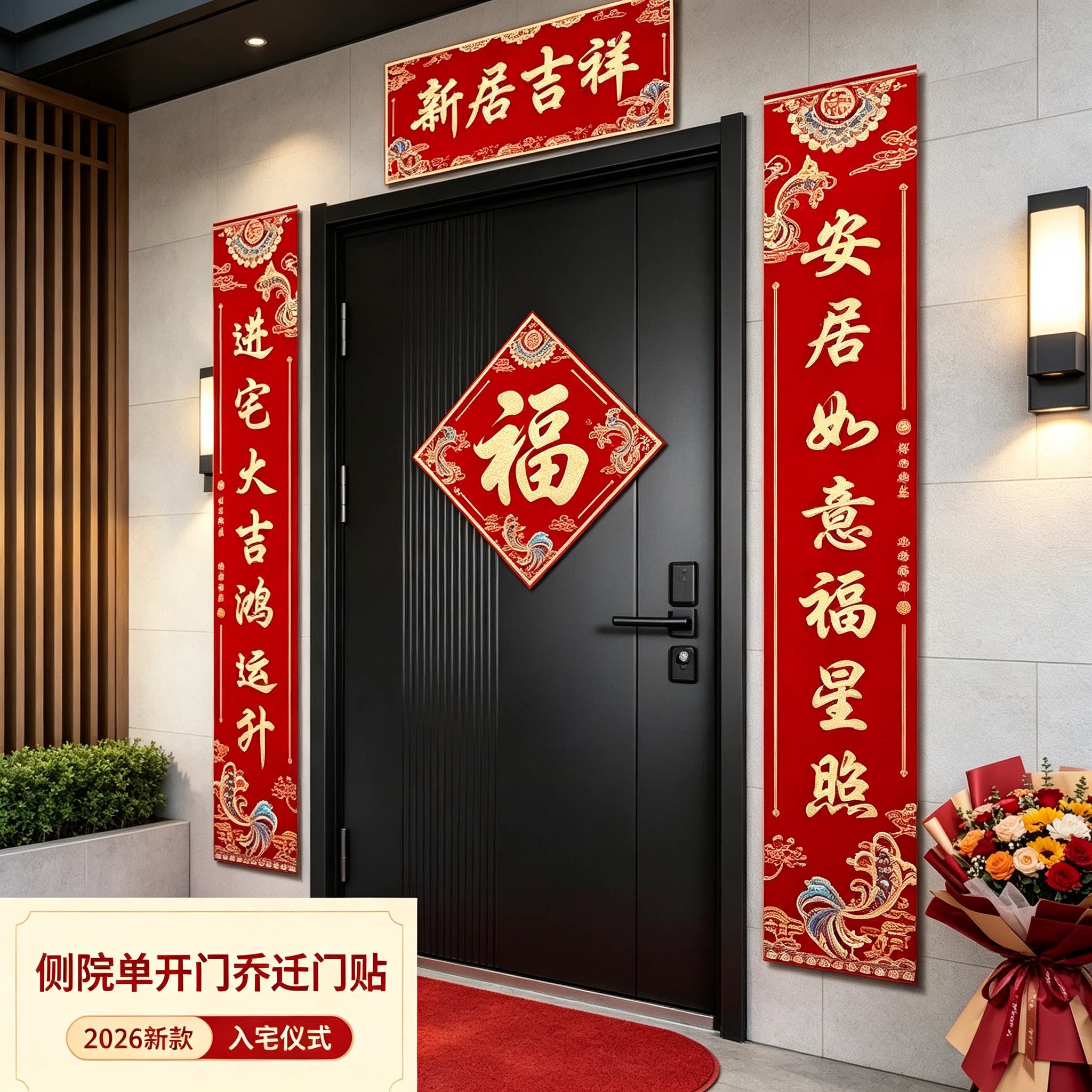单开门入户小对联大门2026新款自粘新房布置入宅仪式福字门贴