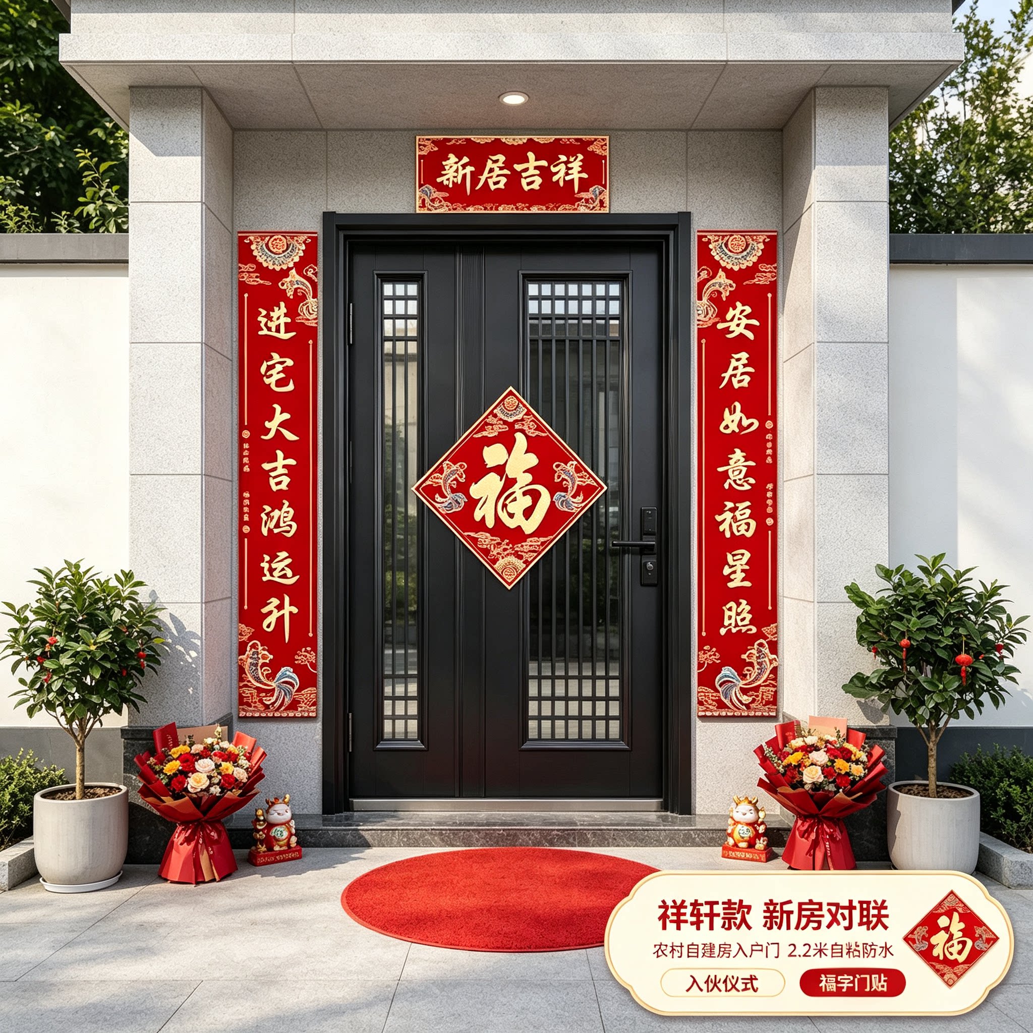 新房对联农村自建房入户门2.2米自粘防水入伙仪式装饰福字门贴