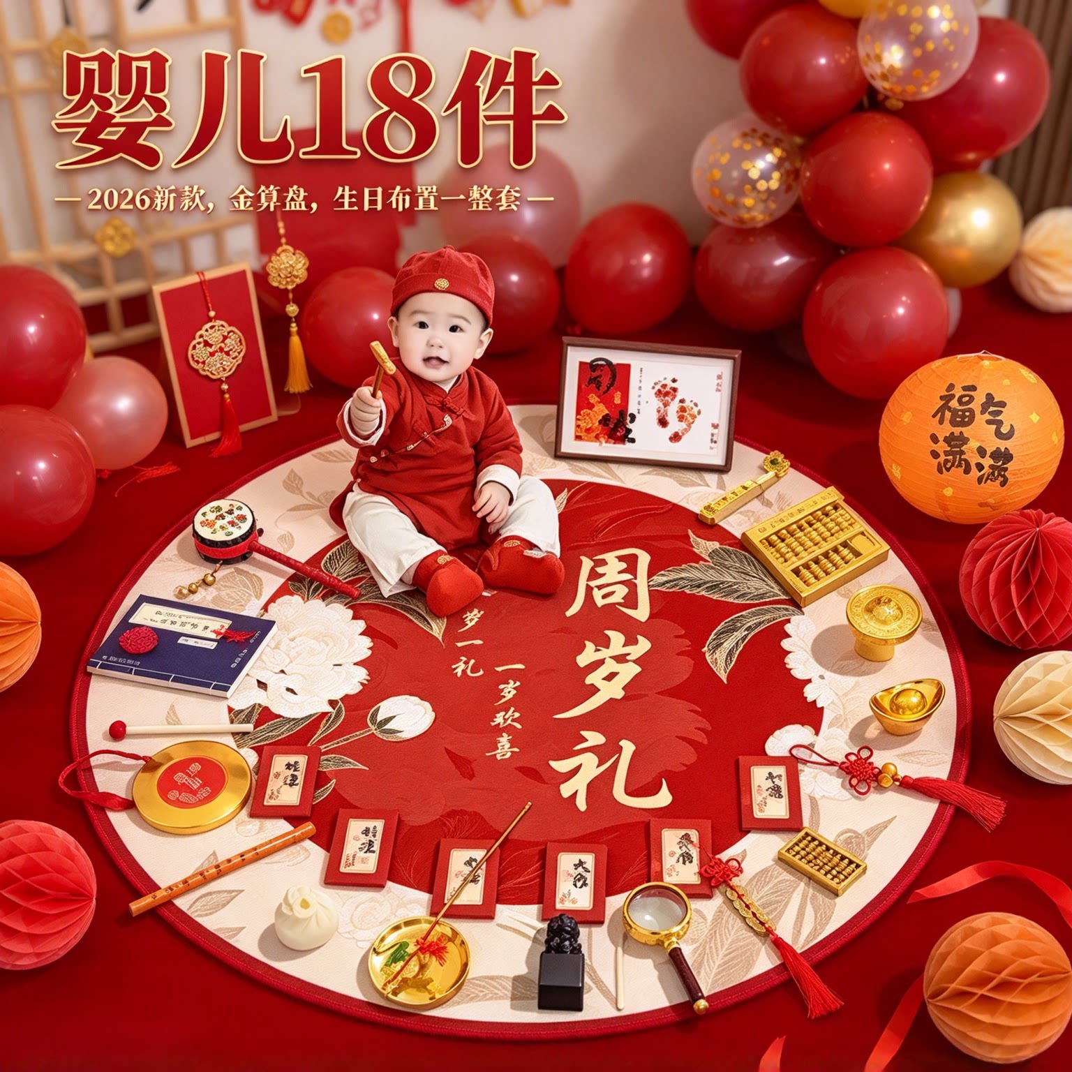 一周岁抓周用品道具套装婴儿18件2026新款金算盘生日布置一整套