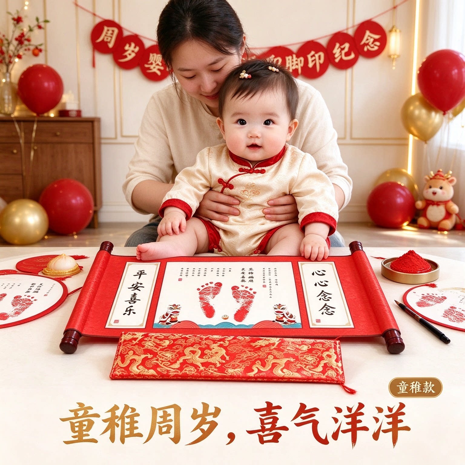 小脚丫宝宝周岁婴儿手印脚印温馨留念岁岁平安喜气洋洋心心念念