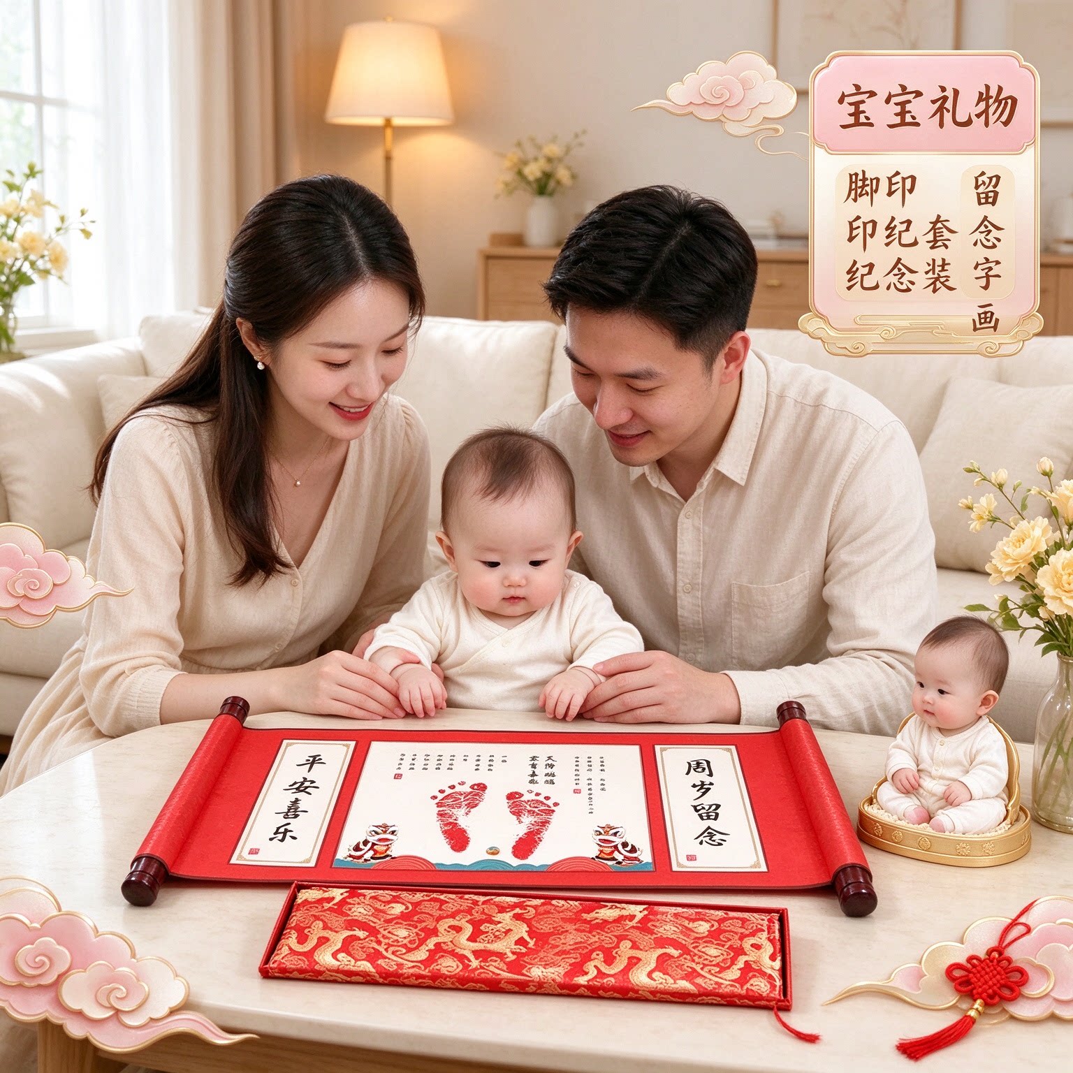 宝宝纪念礼物脚印纪念套装留念字画软萌可爱添丁之喜吉庆有余福寿