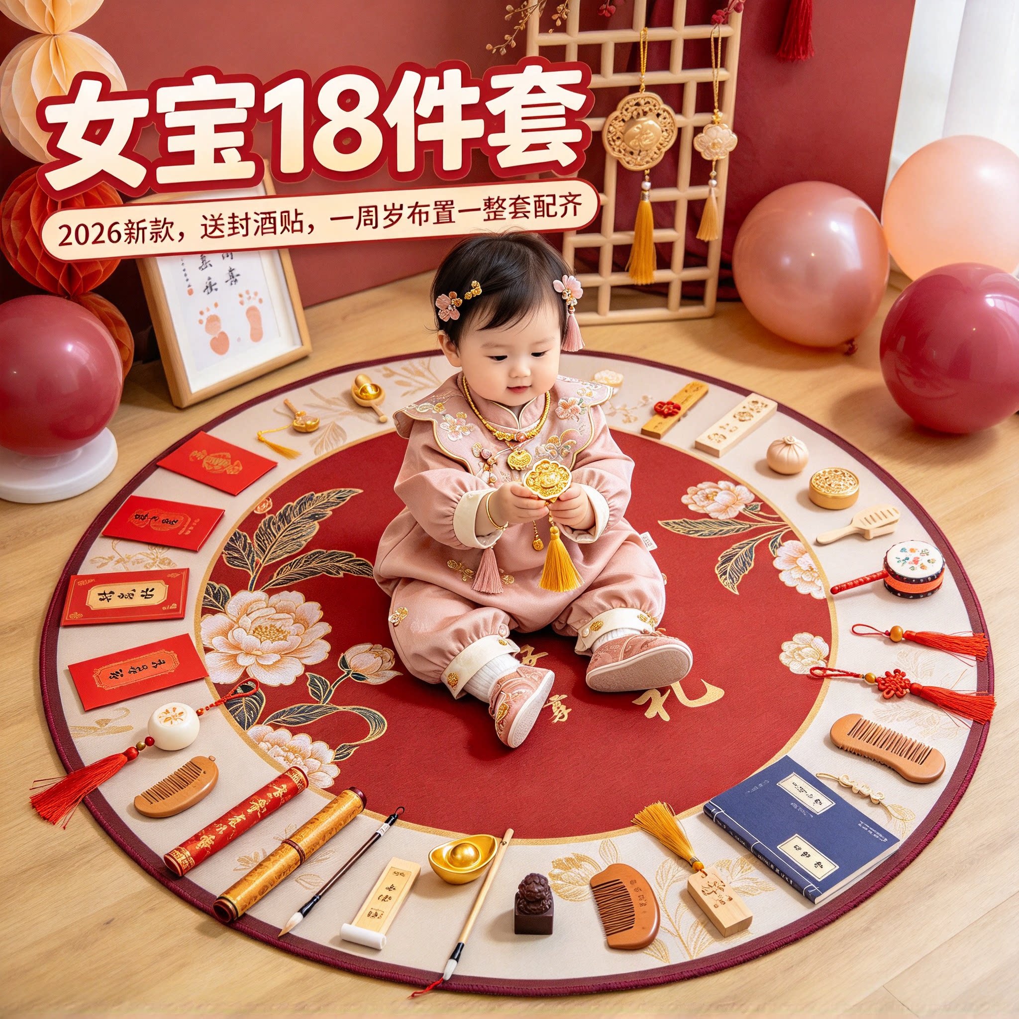 婴儿抓周用品全套女宝18件套2026新款送封酒贴一周岁布置一整套