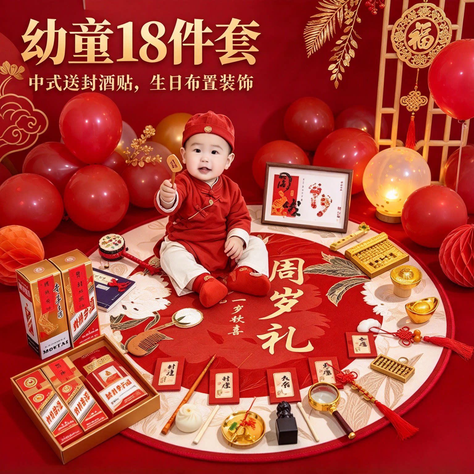 周岁礼抓周道具全套幼童18件套中式送封酒贴生日布置装饰用品大全