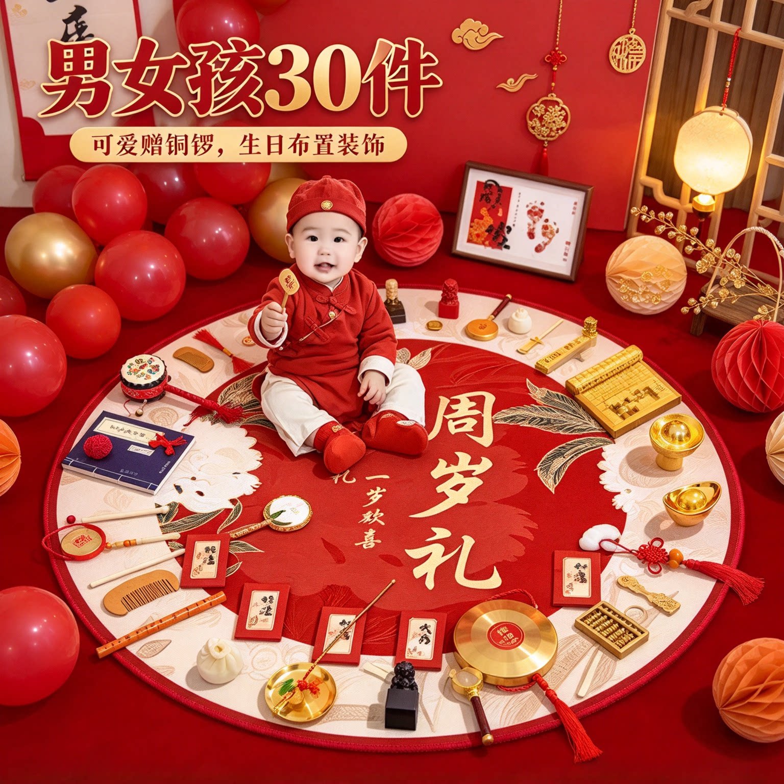 周岁礼抓周道具全套男女孩30件可爱赠铜锣生日布置装饰用品大全