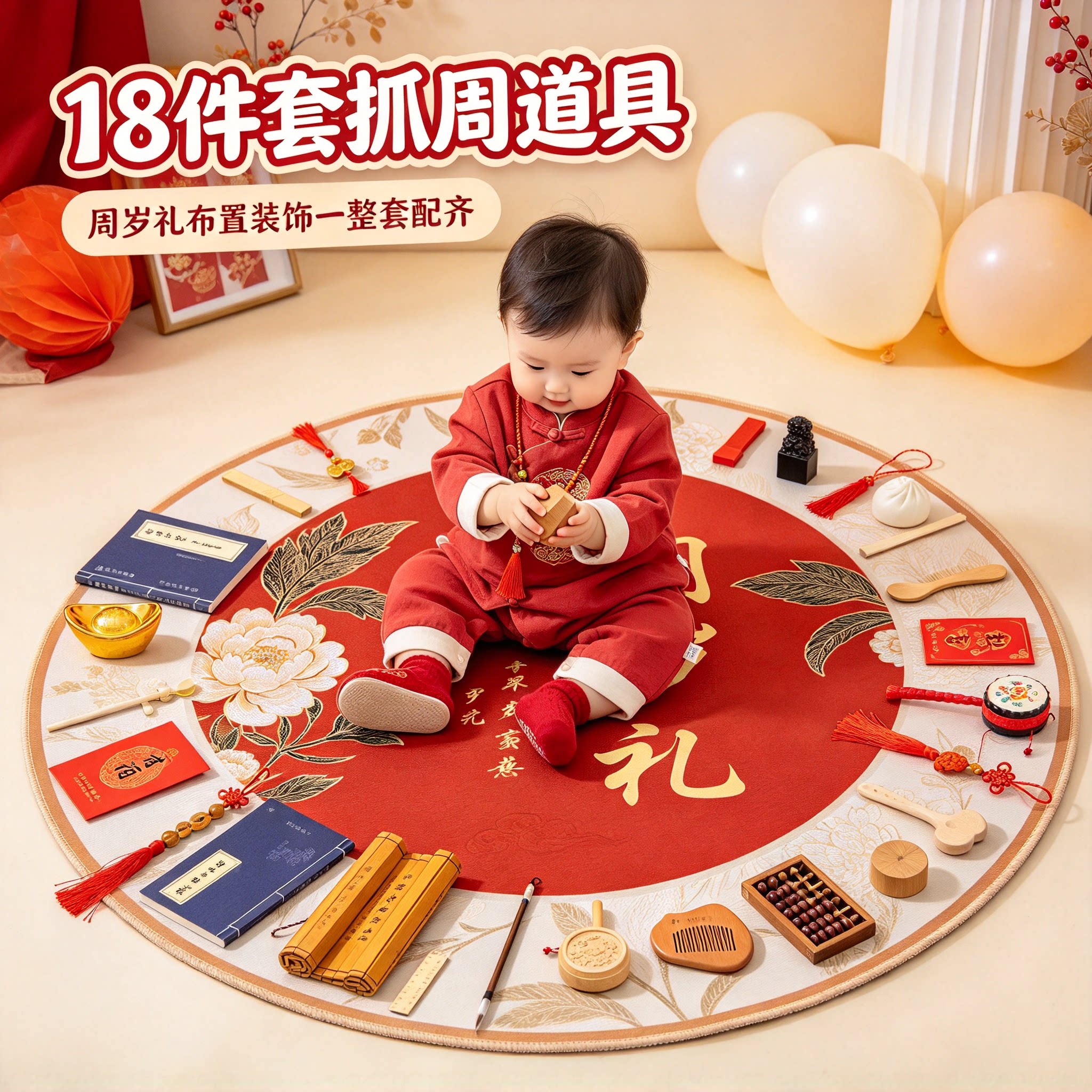 婴儿抓周用品套装男女孩18件套2026新款送封酒贴周岁礼布置装饰