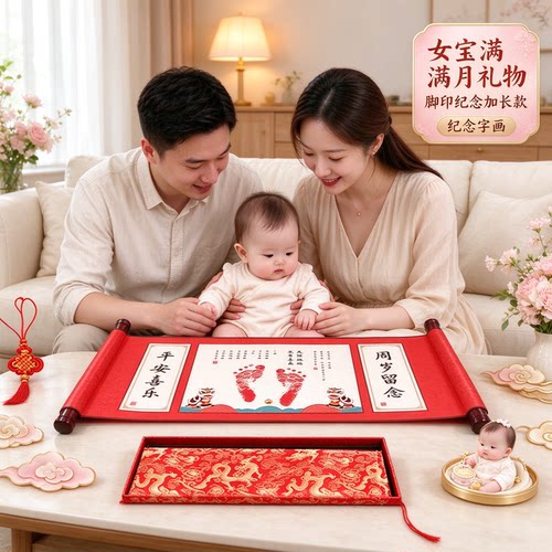 女宝满月礼物脚印纪念加长款纪念字画喜乐安康用心留念添丁之喜